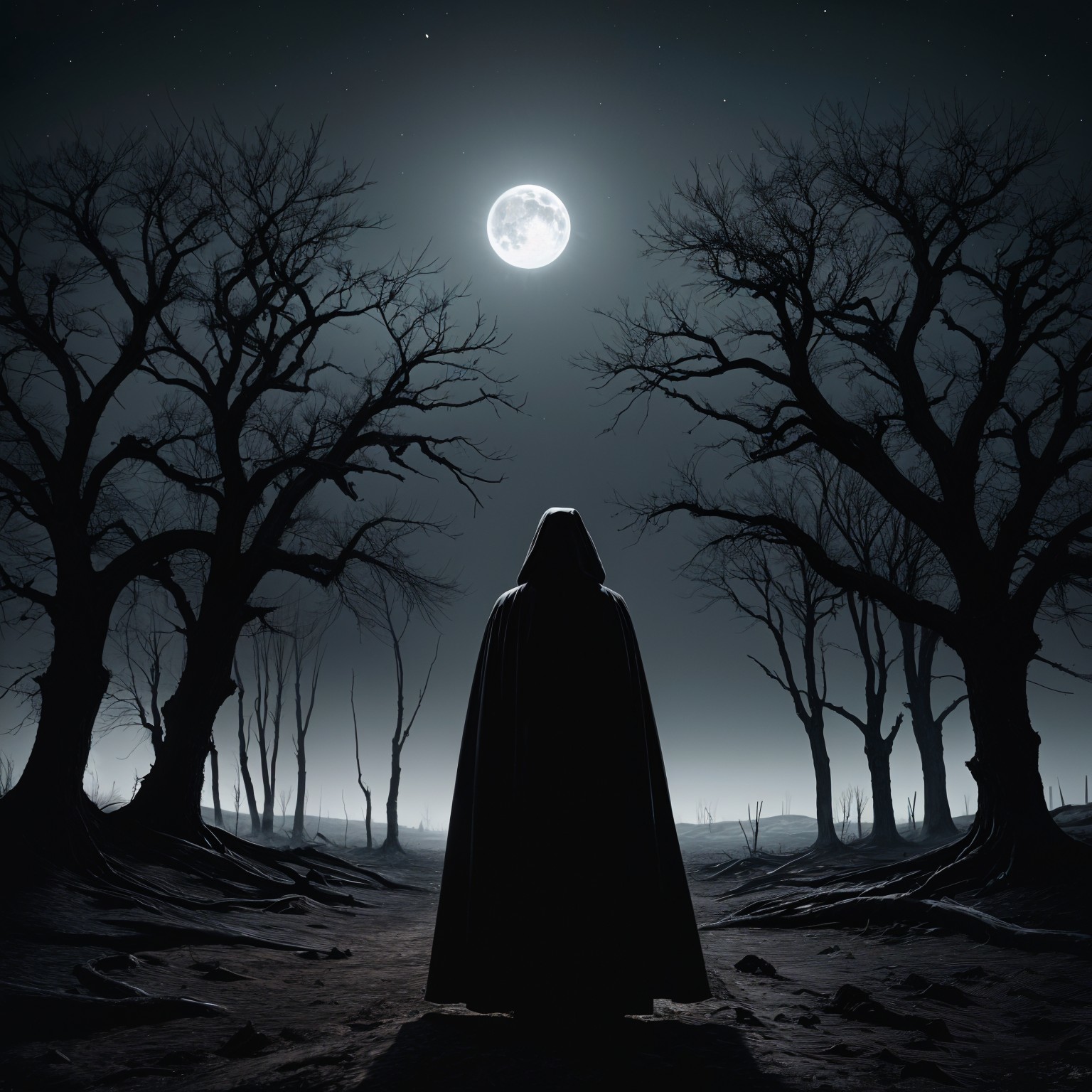 Cloaked Figure in Desolate Landscape Under Full Moon