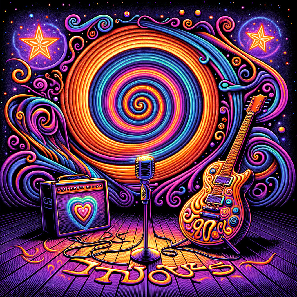 Psychedelic Scene with Guitar and Microphone on Stage