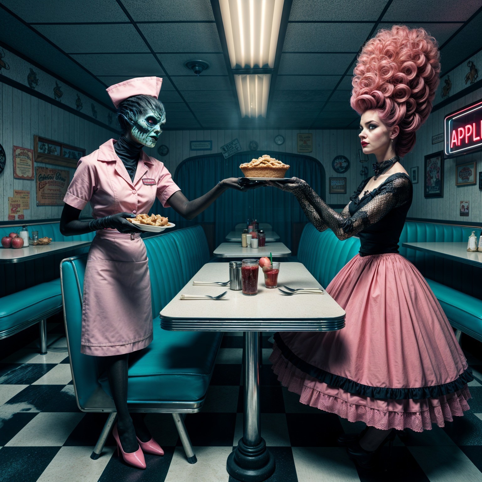 Retro Diner Scene with Alien-Inspired Waitress
