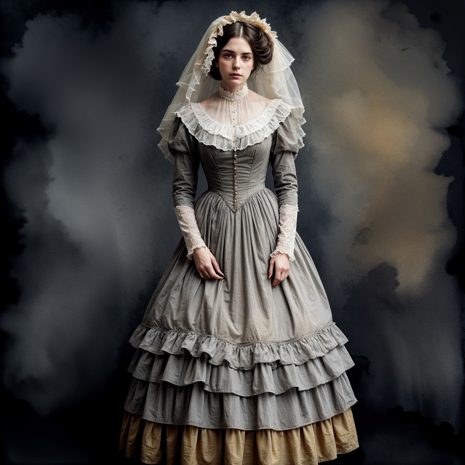 Young woman in vintage grey dress with ruffles and veil