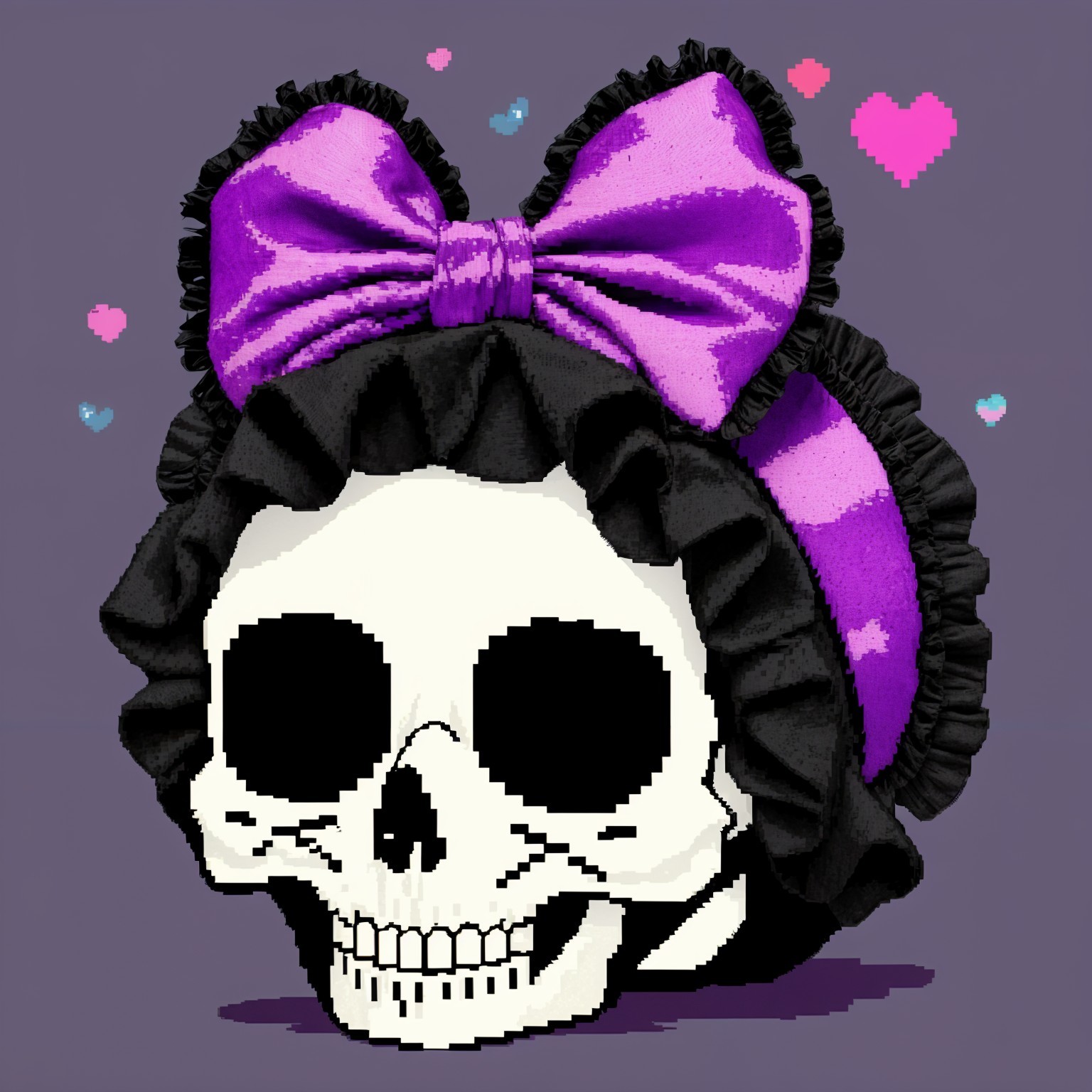 Cartoon Skull with Purple Bow and Whimsical Hearts