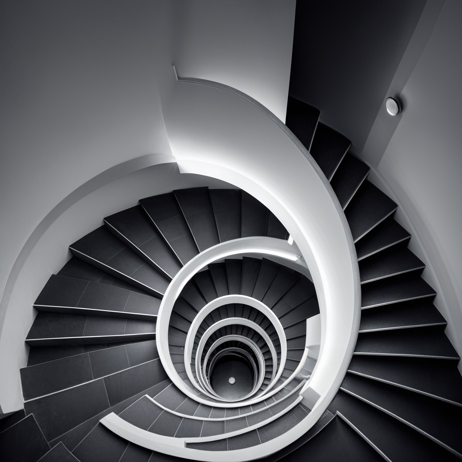Modern Spiral Staircase with Black Steps and White Walls
