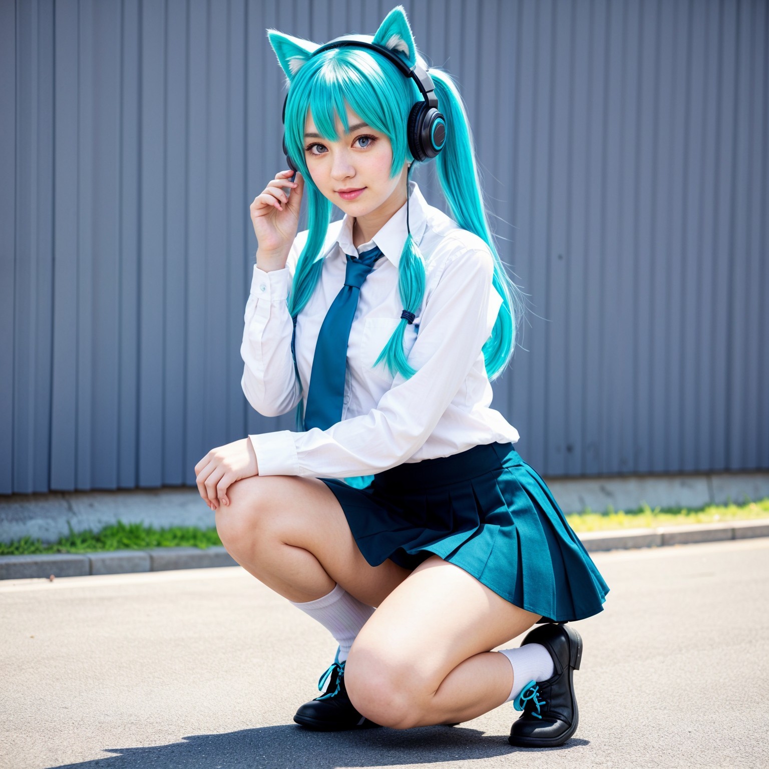 Young woman in playful anime-inspired outfit with teal hair