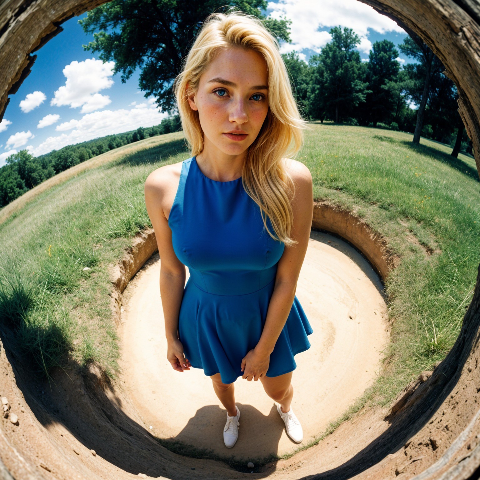 Young woman in blue dress in lush circular pit