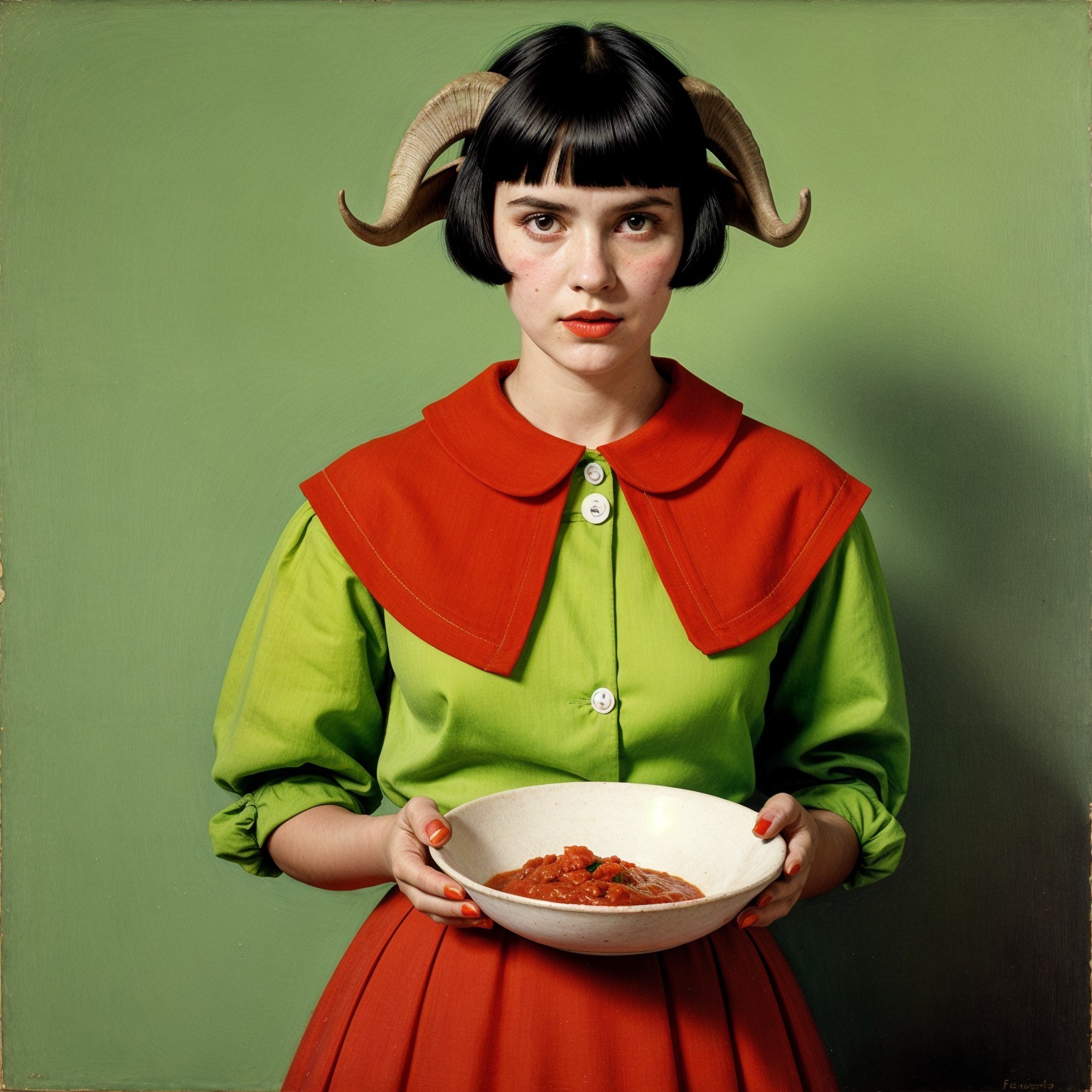 Young woman in colorful outfit with striking backdrop