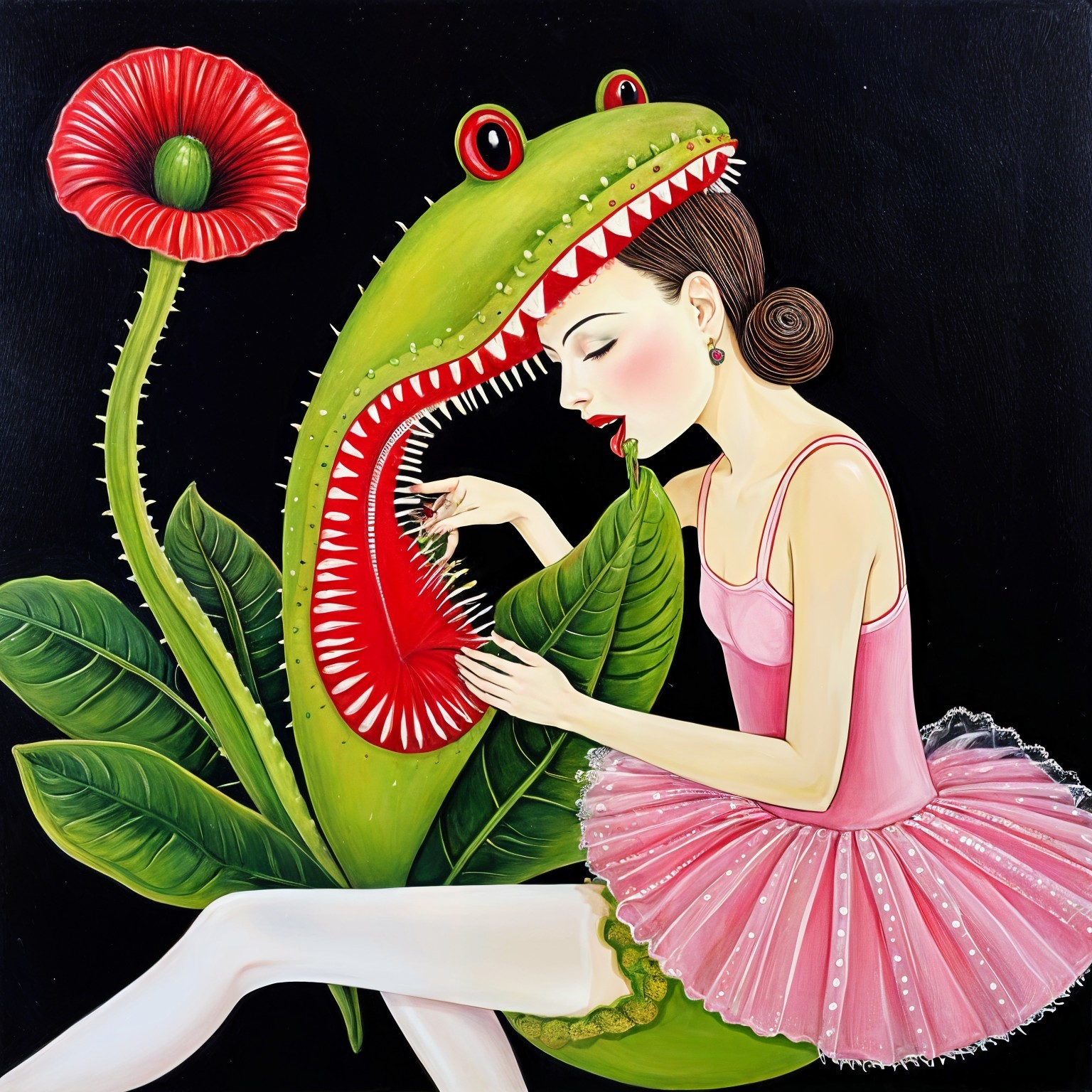 Ballerina and Vibrant Plant in Whimsical Scene
