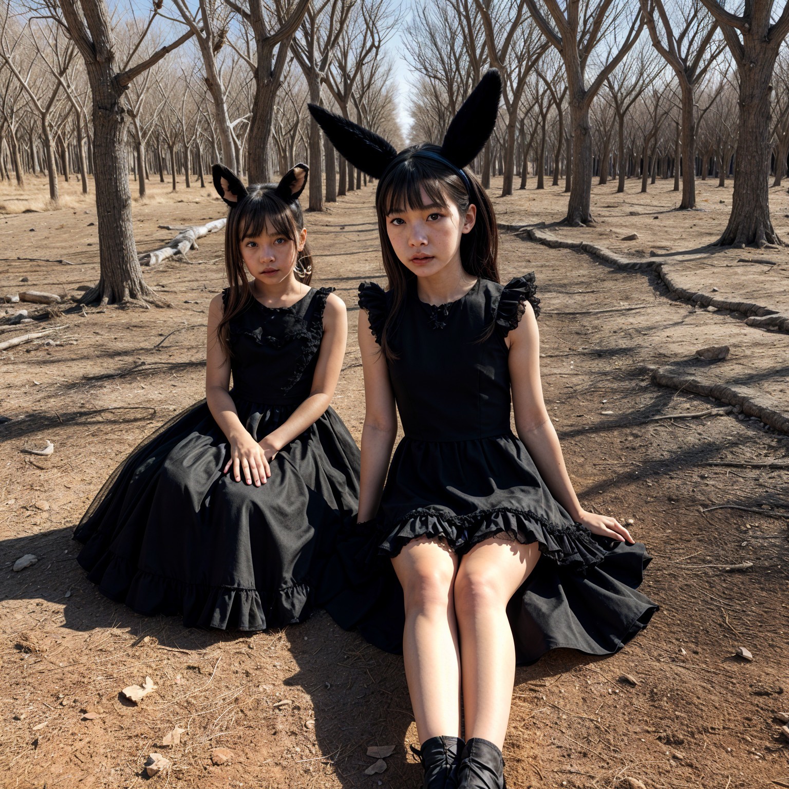 Young girls in black dresses in a barren landscape