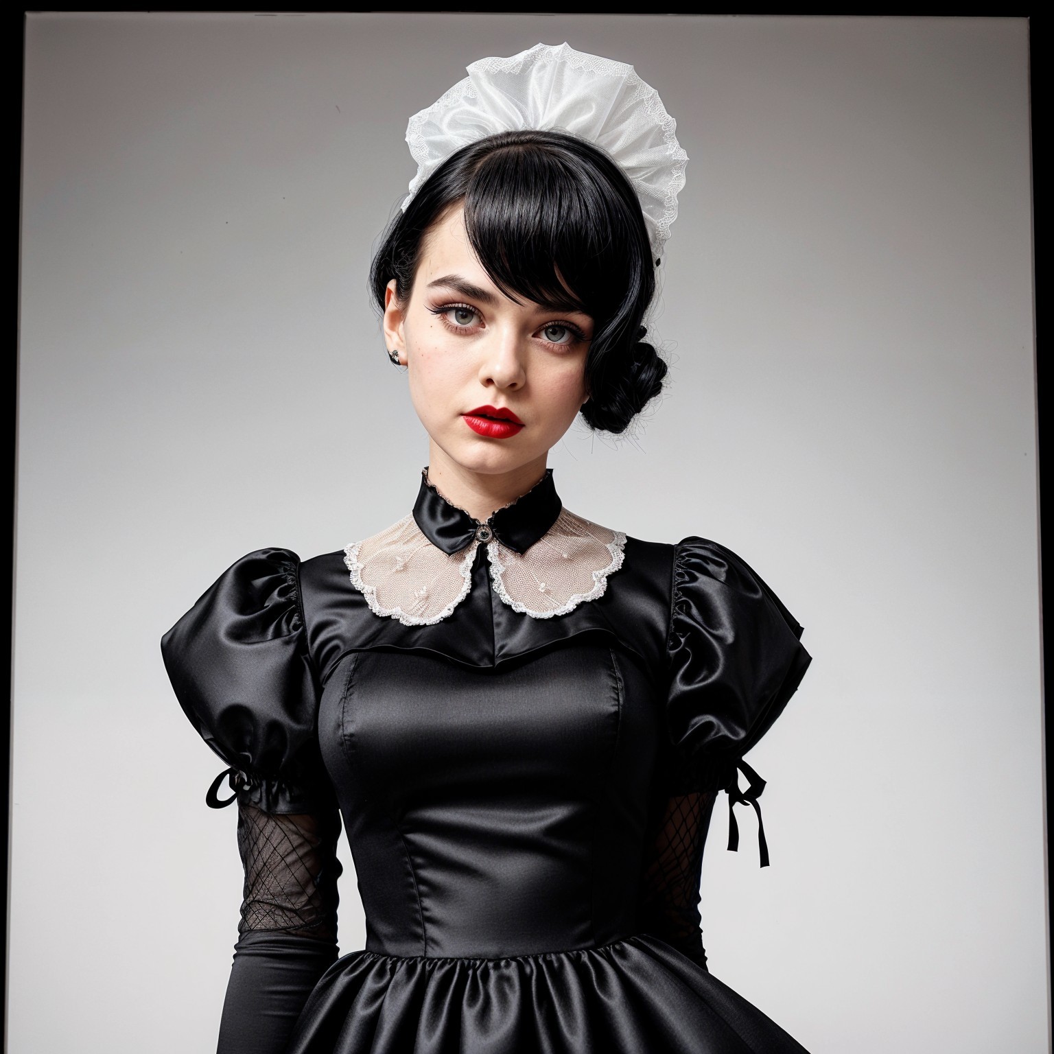 Vintage Black Dress with Puffed Sleeves and Updo