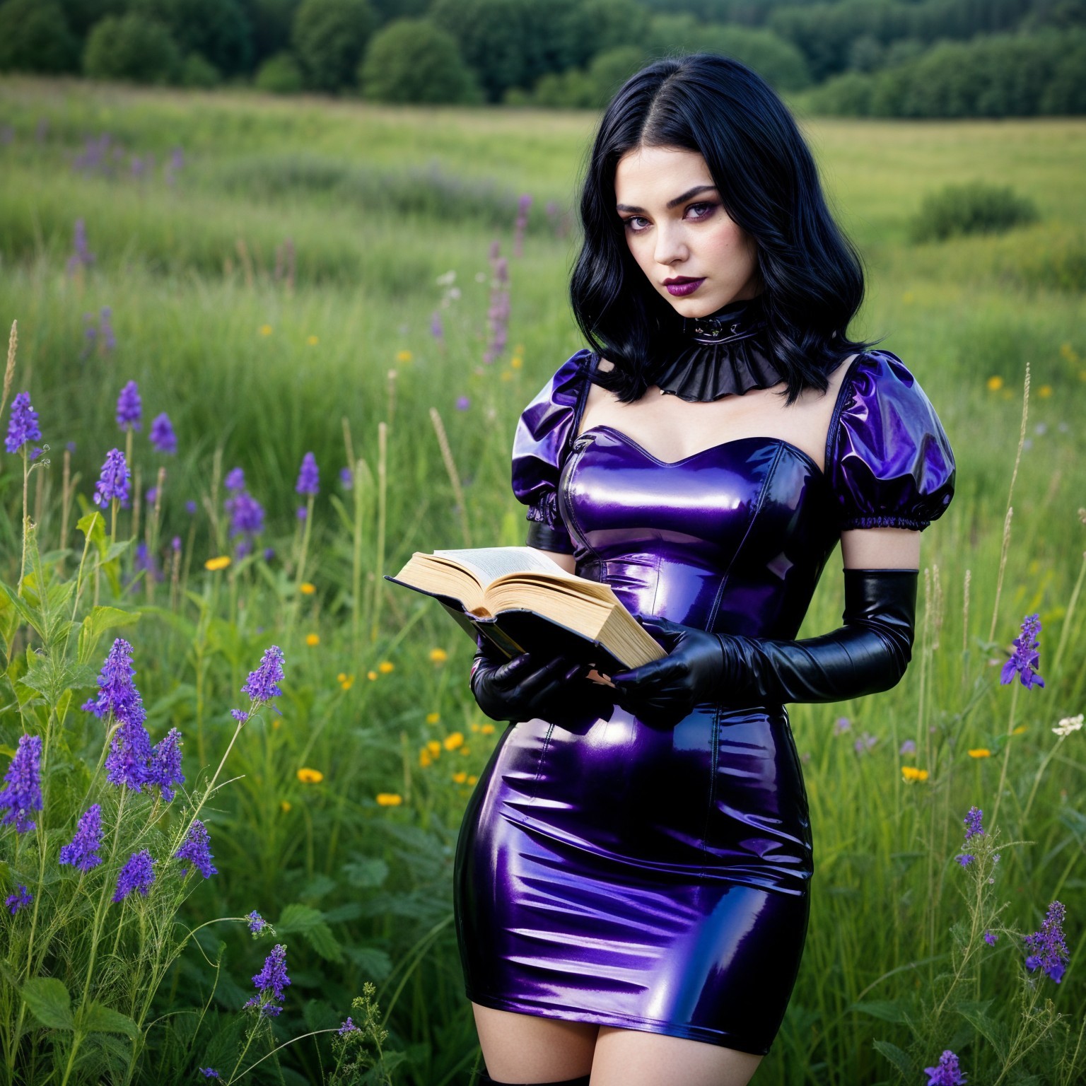 Young woman in purple dress in flower-filled field