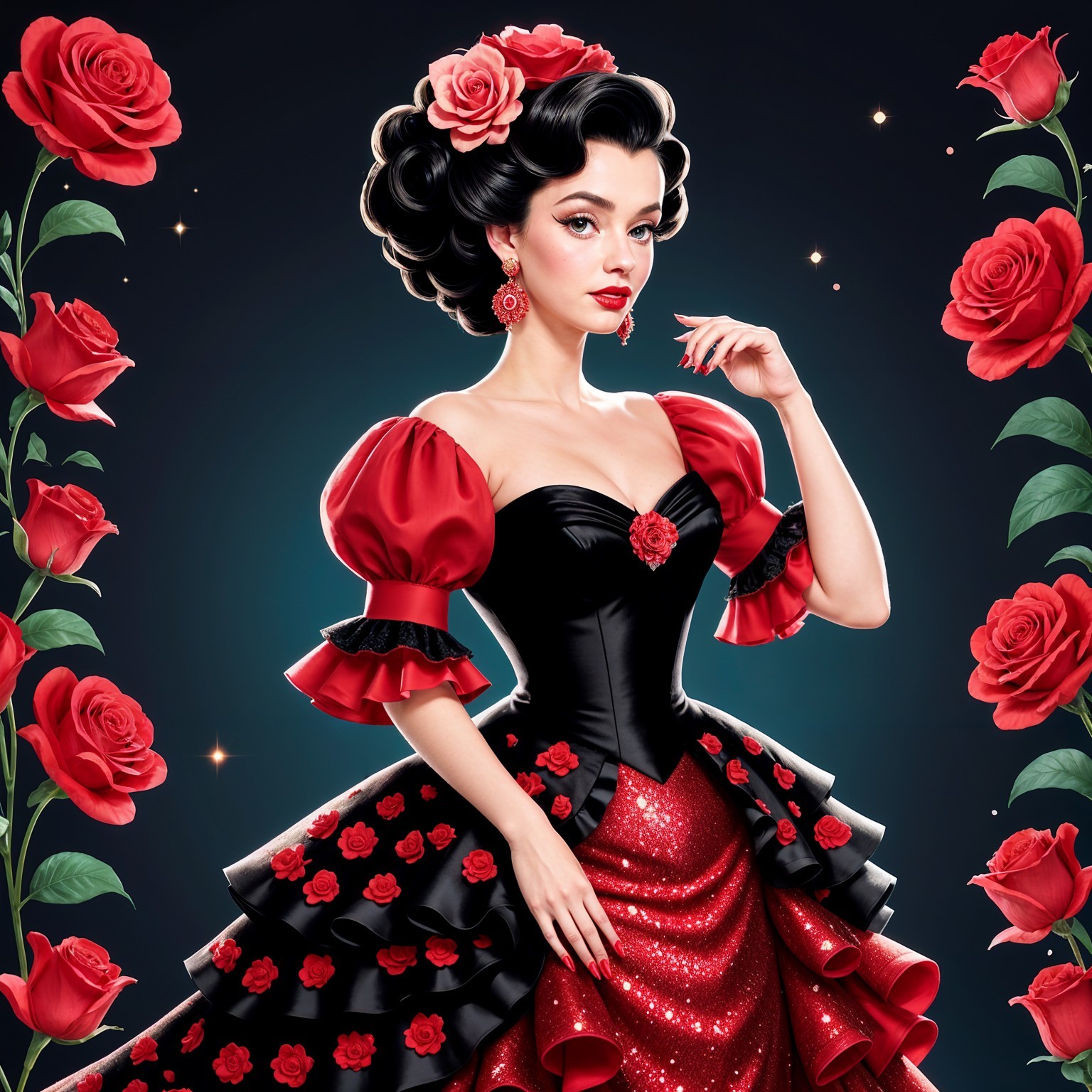 Elegant Gown with Ruffles and Floral Accents
