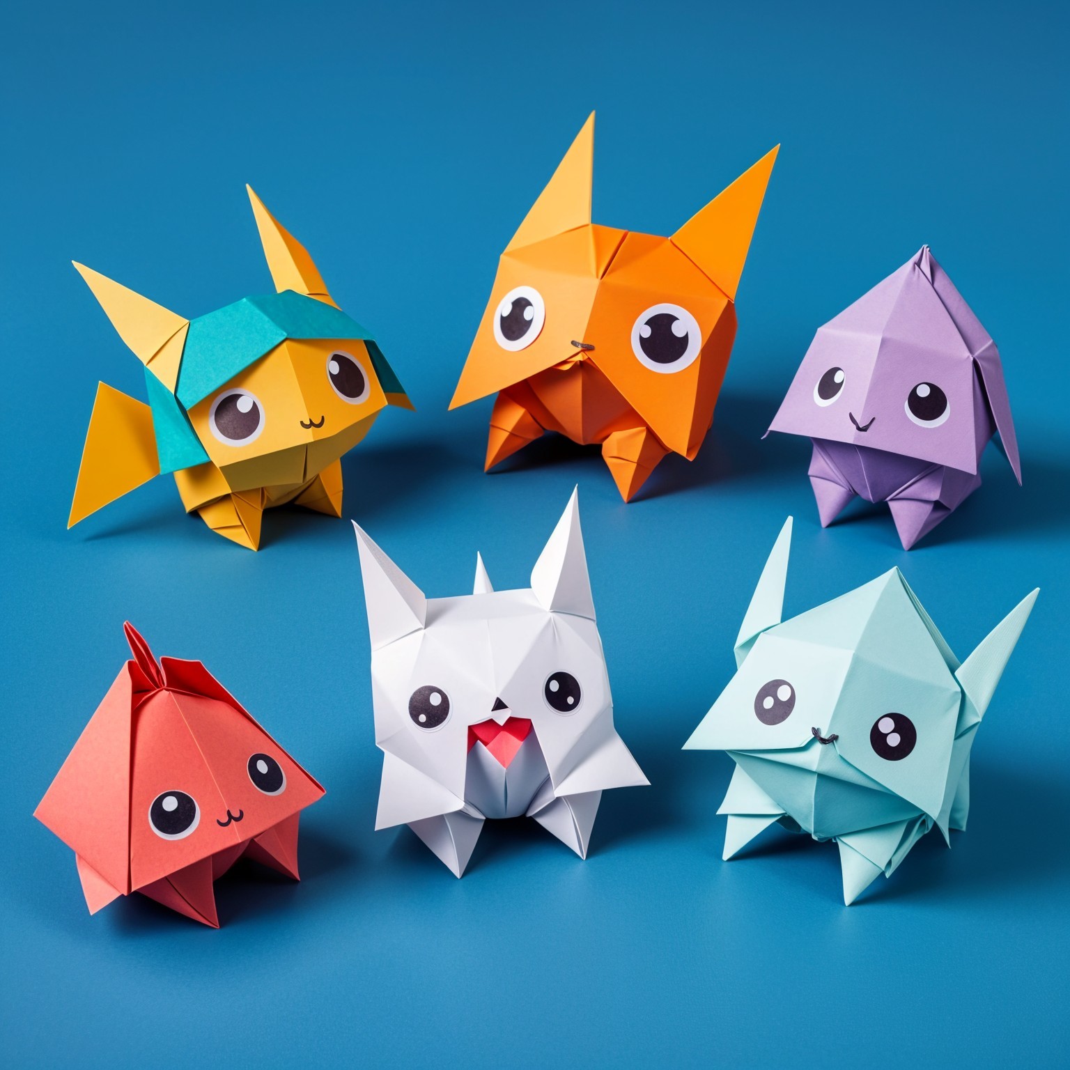 Colorful Origami Creatures on Blue Background