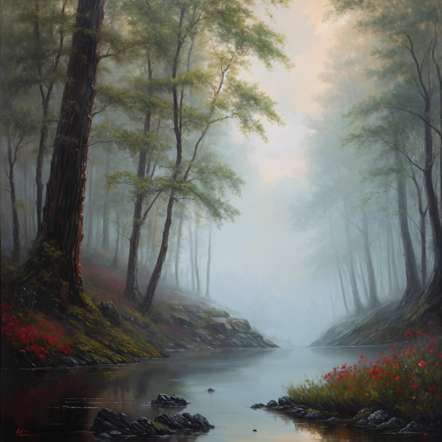 Tranquil forest scene with mist and vibrant flowers