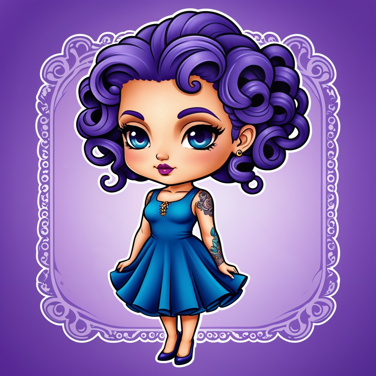 Cartoon-Style Girl with Purple Hair and Blue Dress