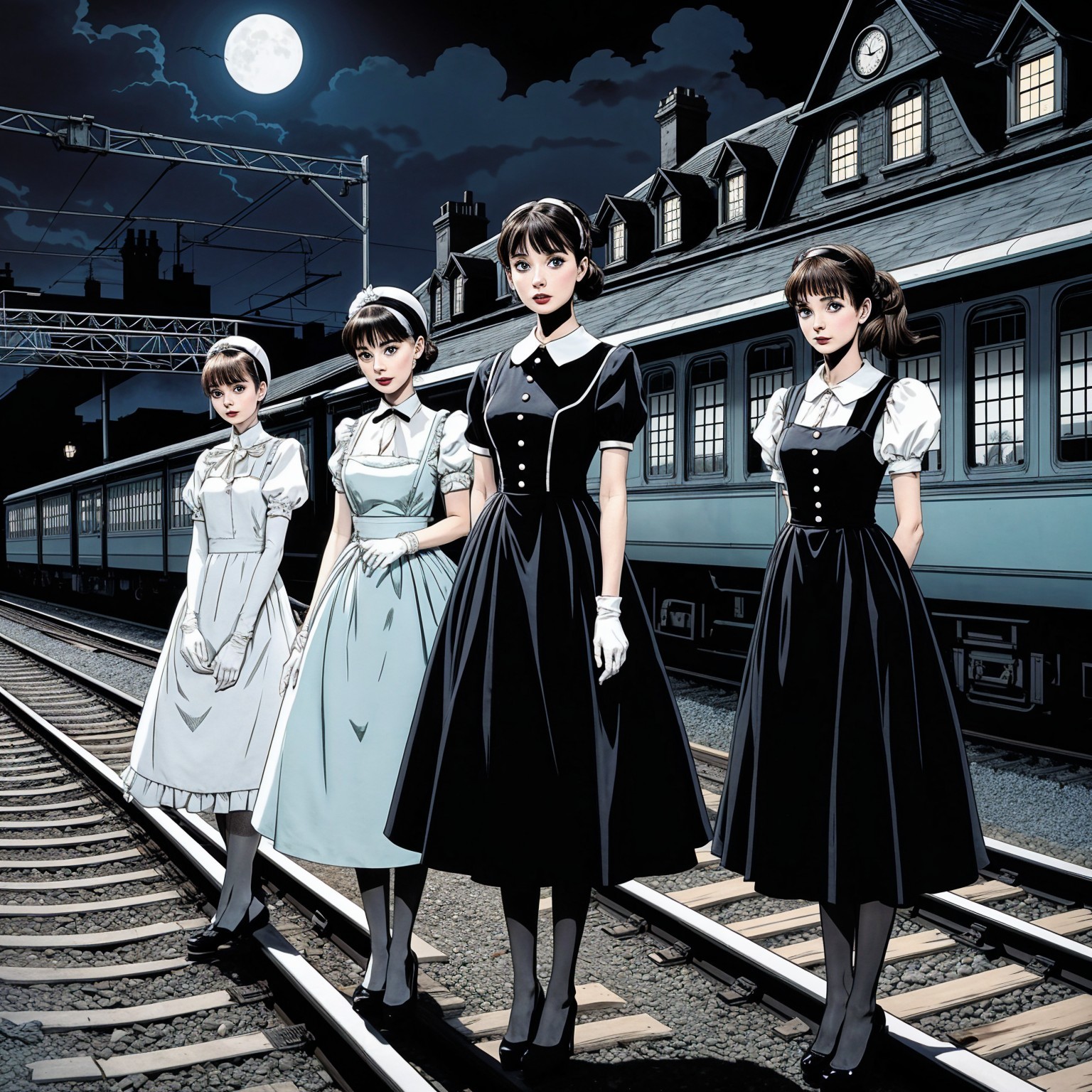Elegant Women in Vintage Train Station at Night