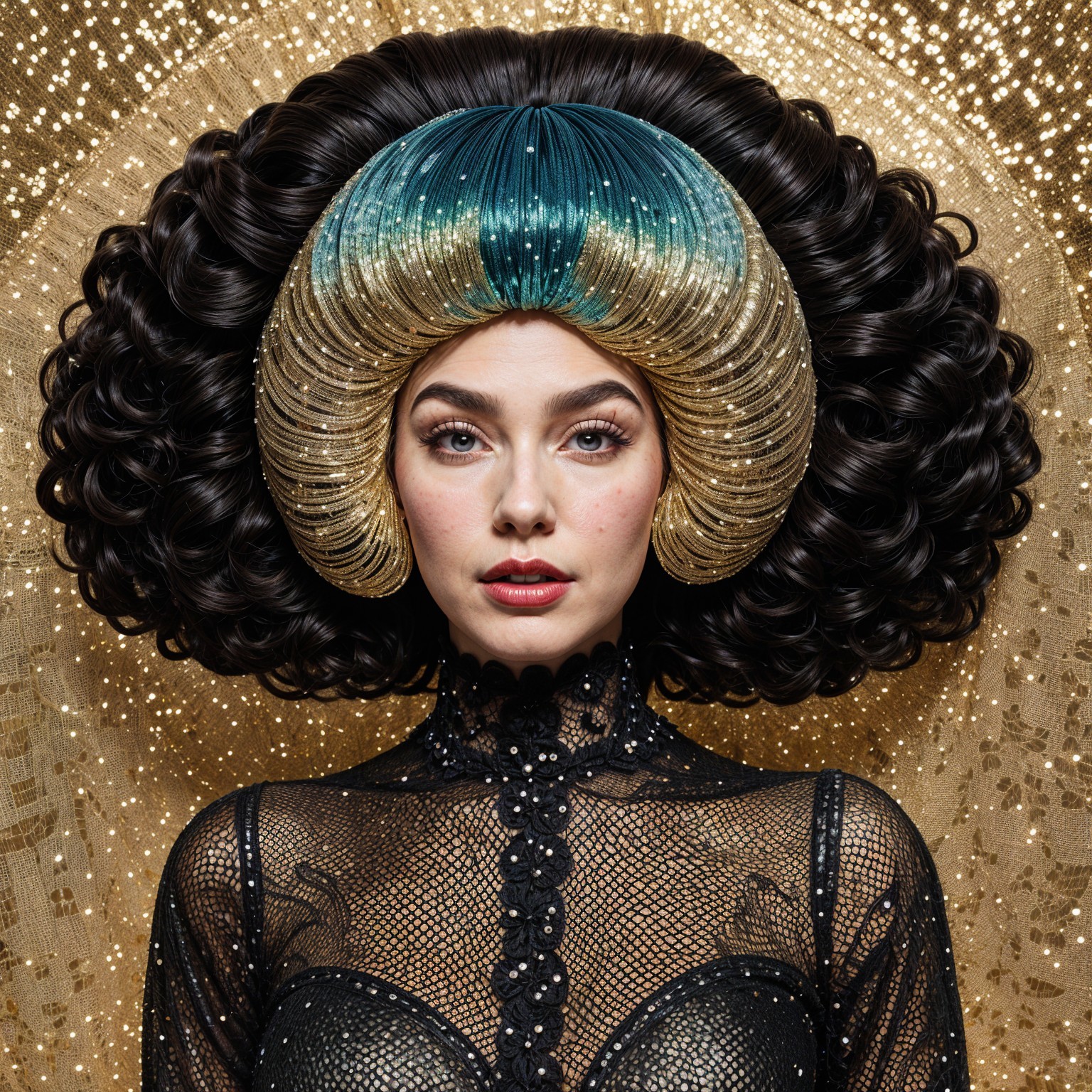 Model with voluminous hairstyle and elegant attire