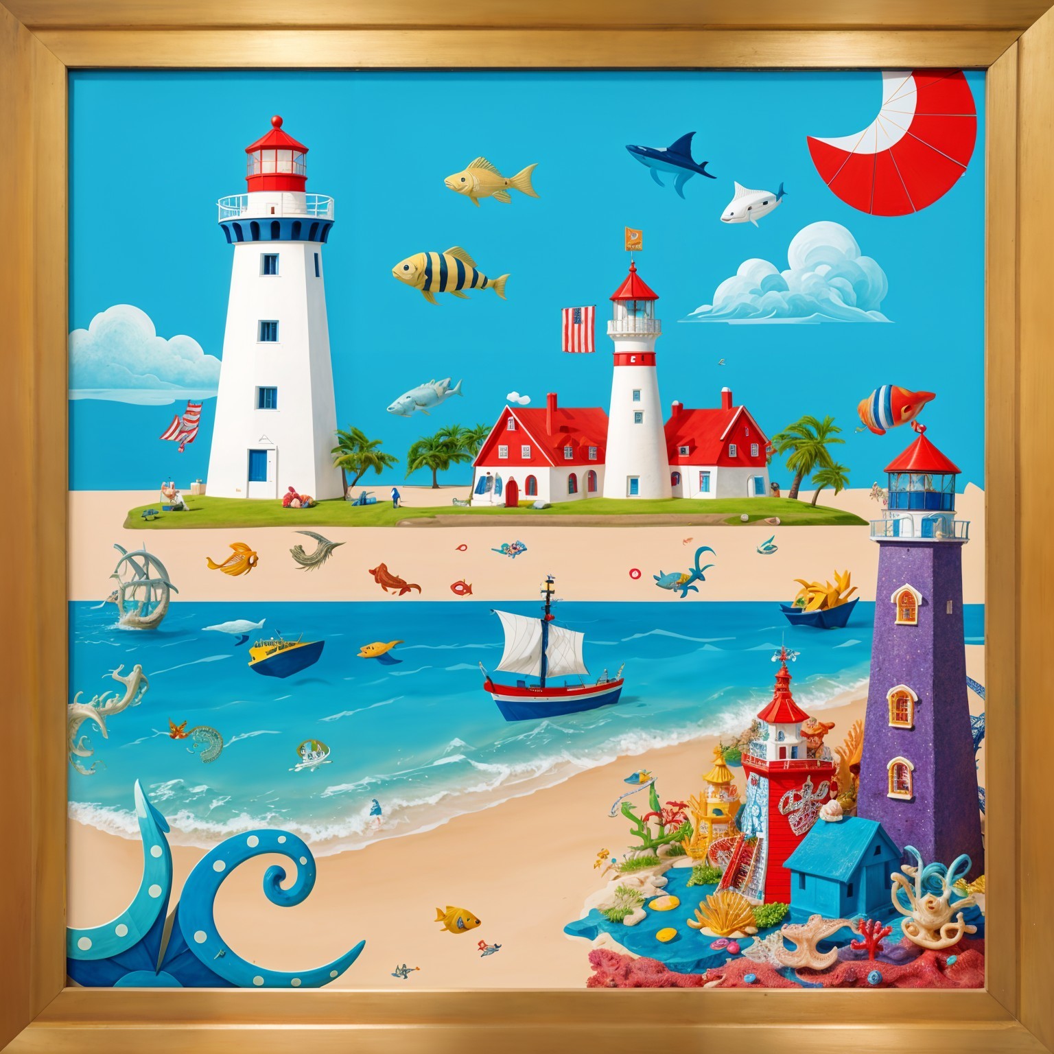 Vibrant Beach Scene with Lighthouses and Sea Life