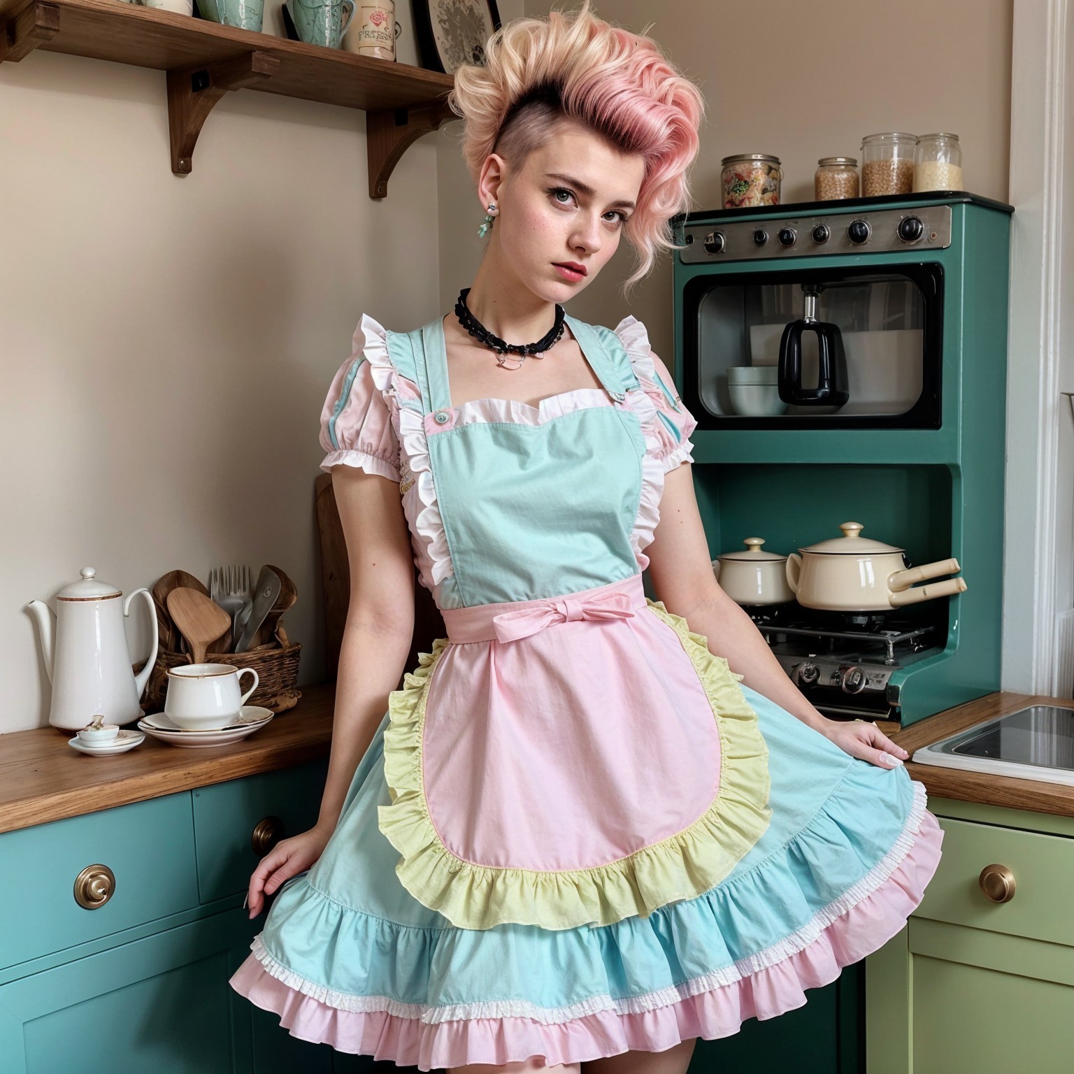 Vintage-Inspired Outfit in a Pastel-Colored Kitchen