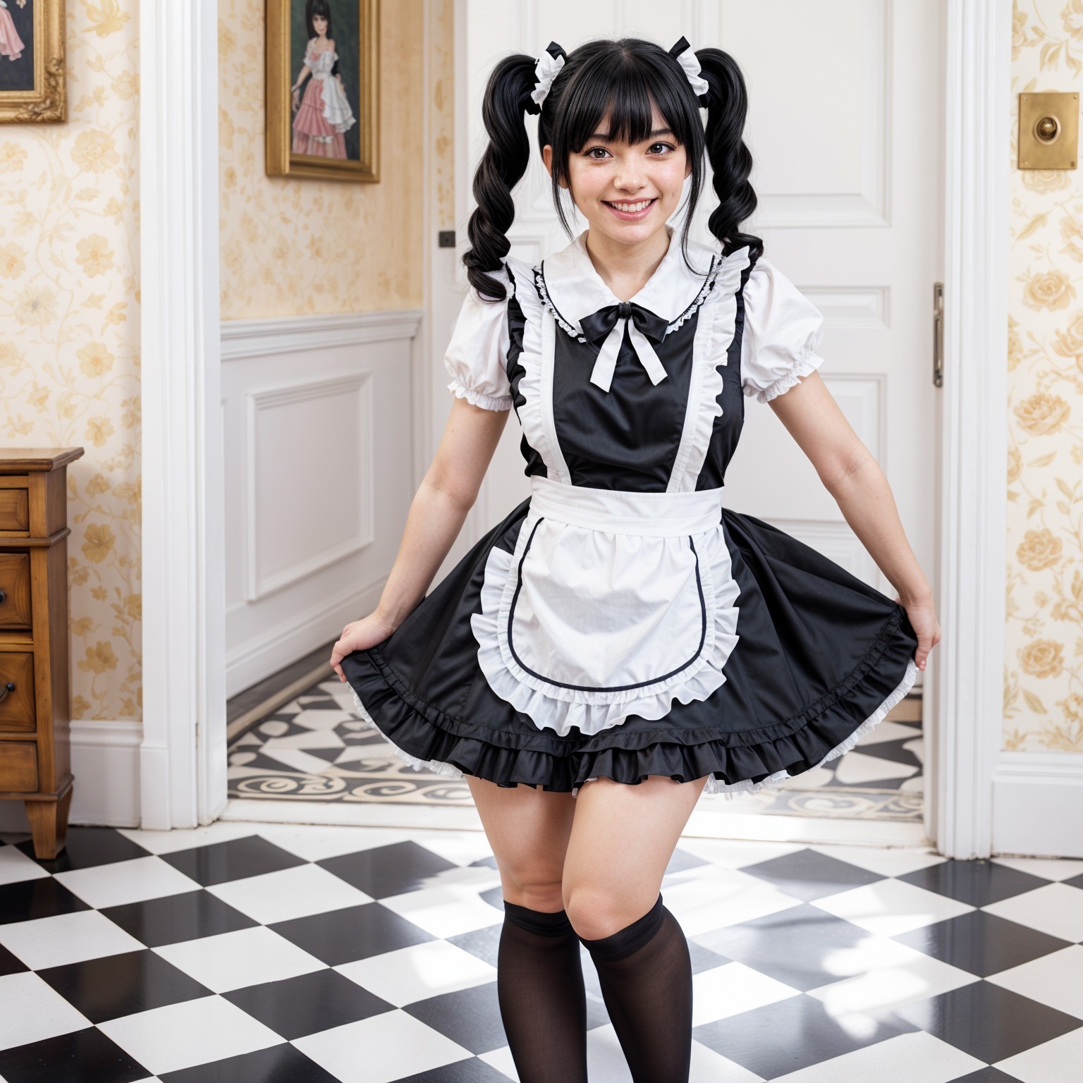 Young Woman in Classic Black and White Maid Outfit