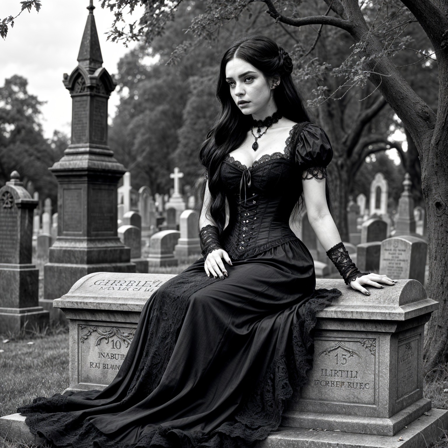 Young Woman in Vintage Gown at Cemetery Gravestone