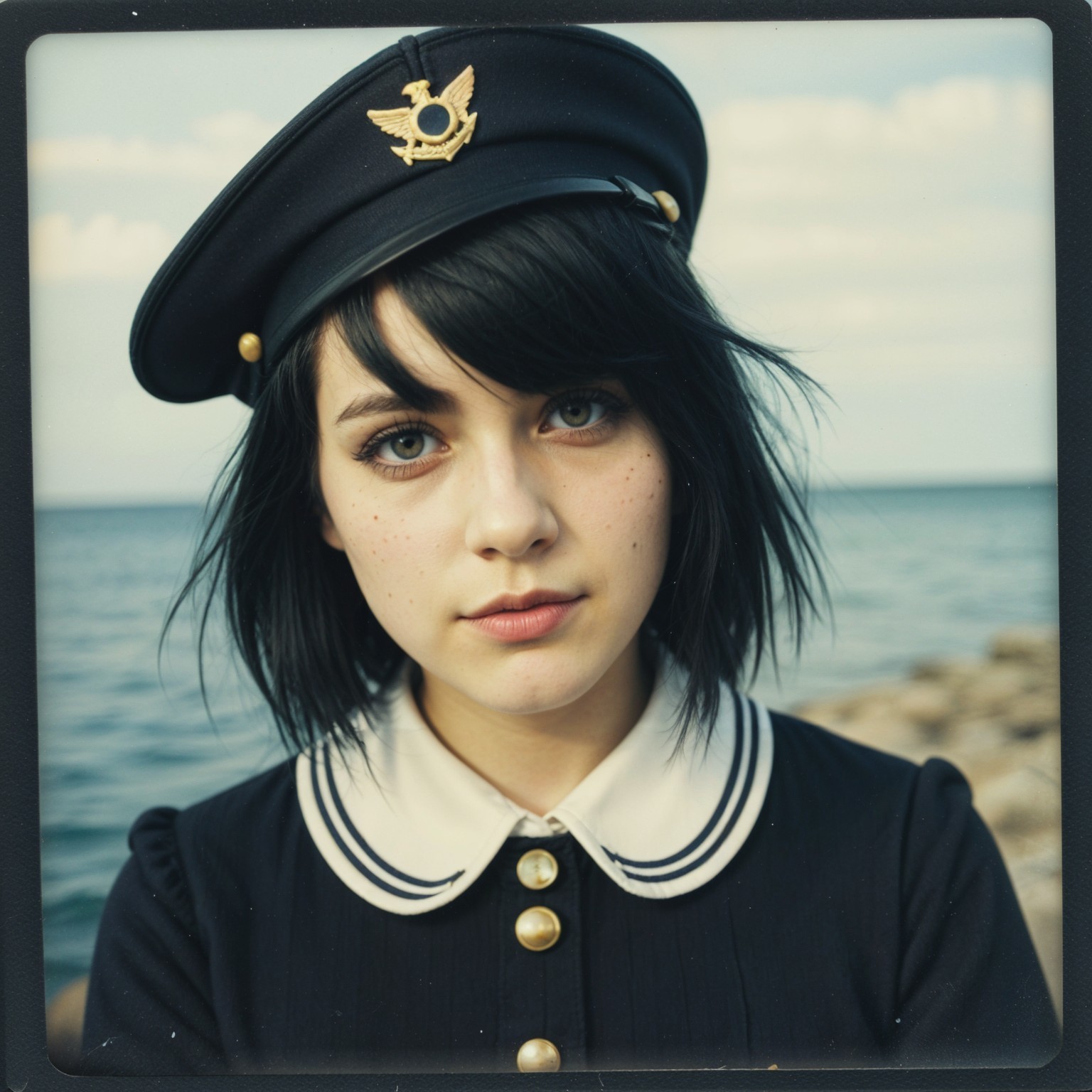 Young woman in vintage outfit by calm sea backdrop