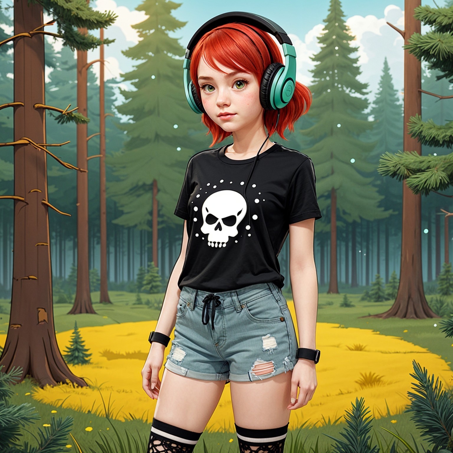 Young girl in vibrant forest with stylish outfit