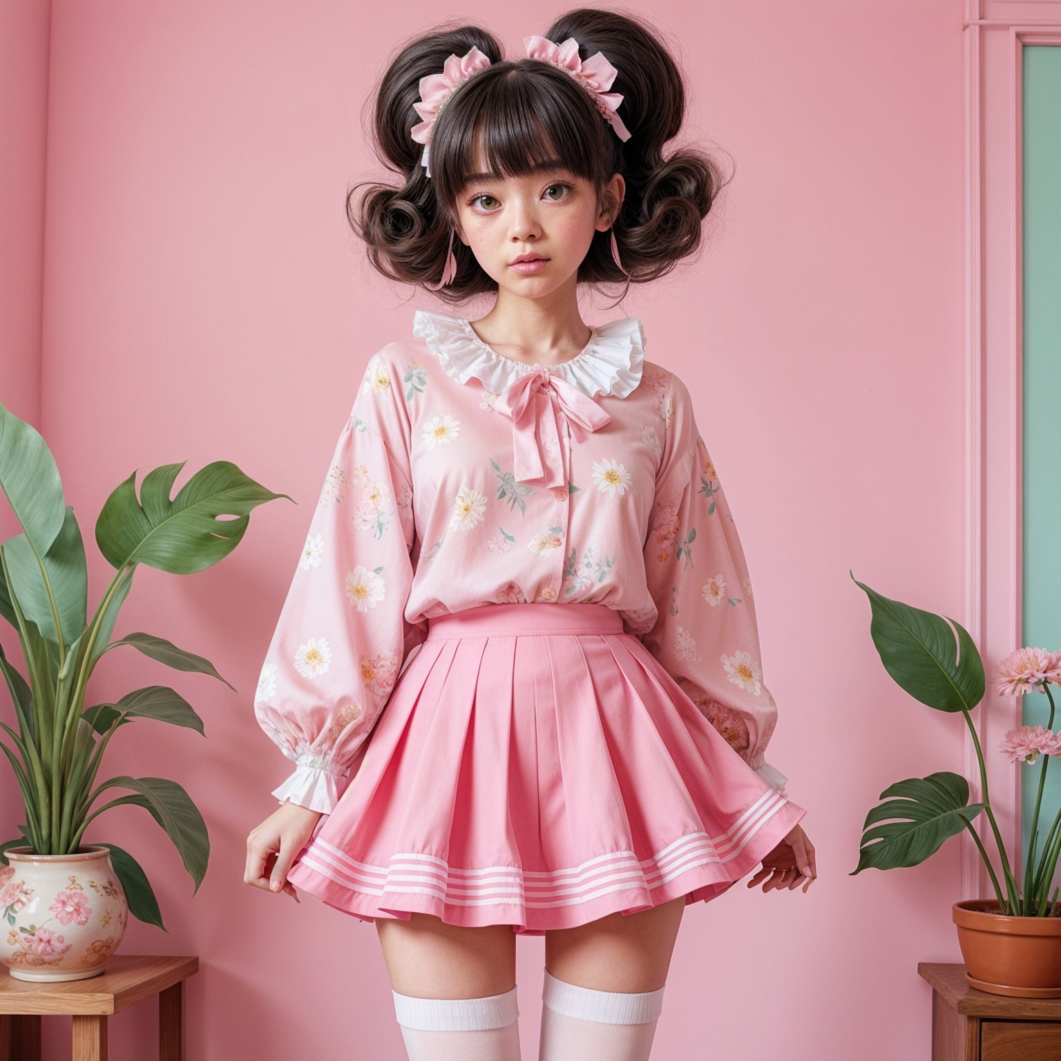 Young girl in pastel pink room with floral outfit