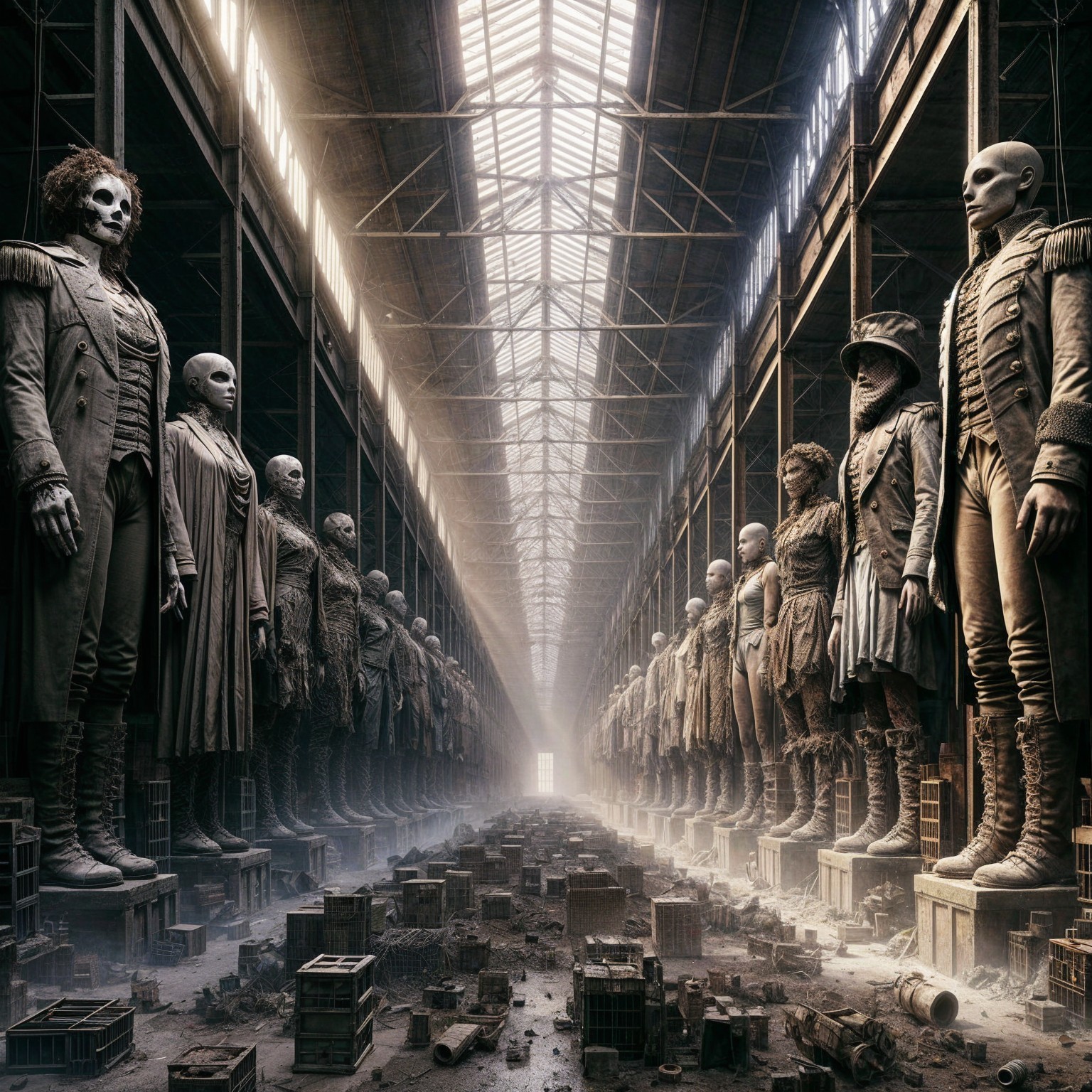 Intricately Detailed Statues in a Dimly Lit Warehouse