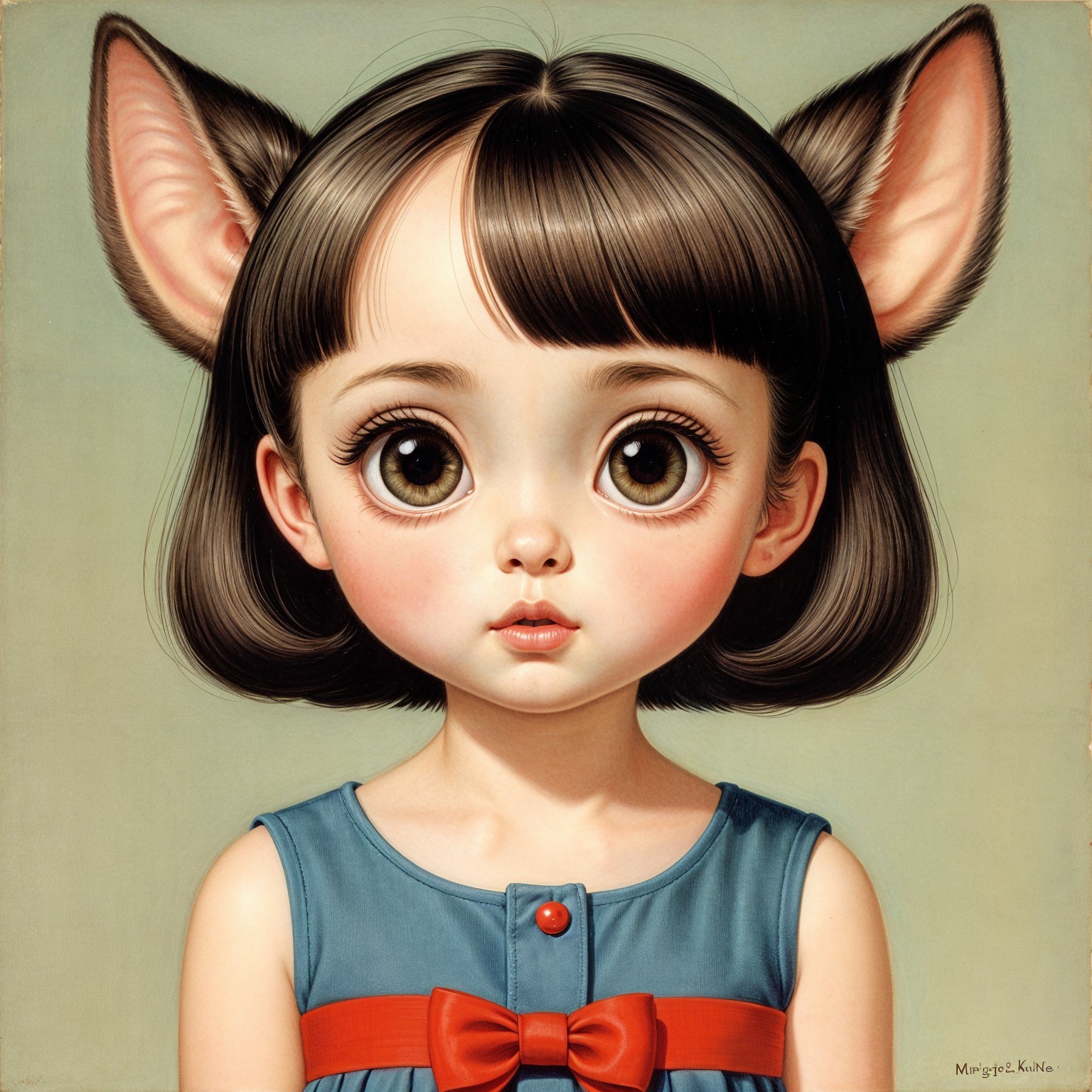 Young girl with large eyes and cat-like ears in blue dress