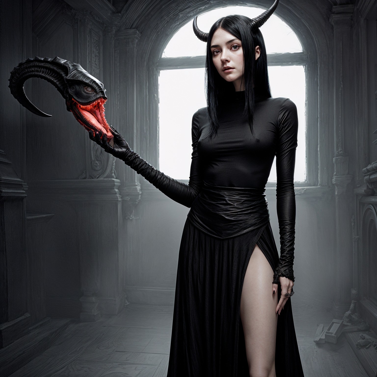 Gothic Figure in Black Outfit with Dragon Mask