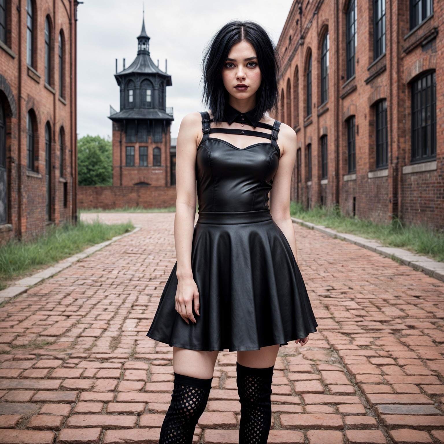 Young woman in black leather dress in urban setting