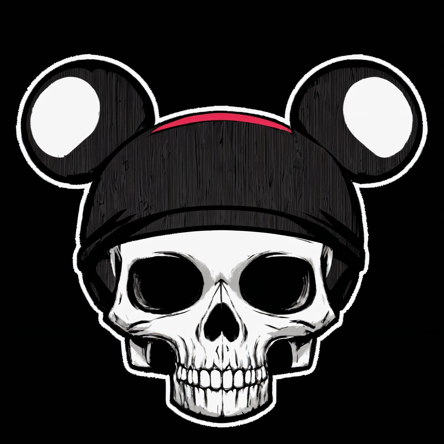 Stylized Skull with Mouse Ears on Black Background