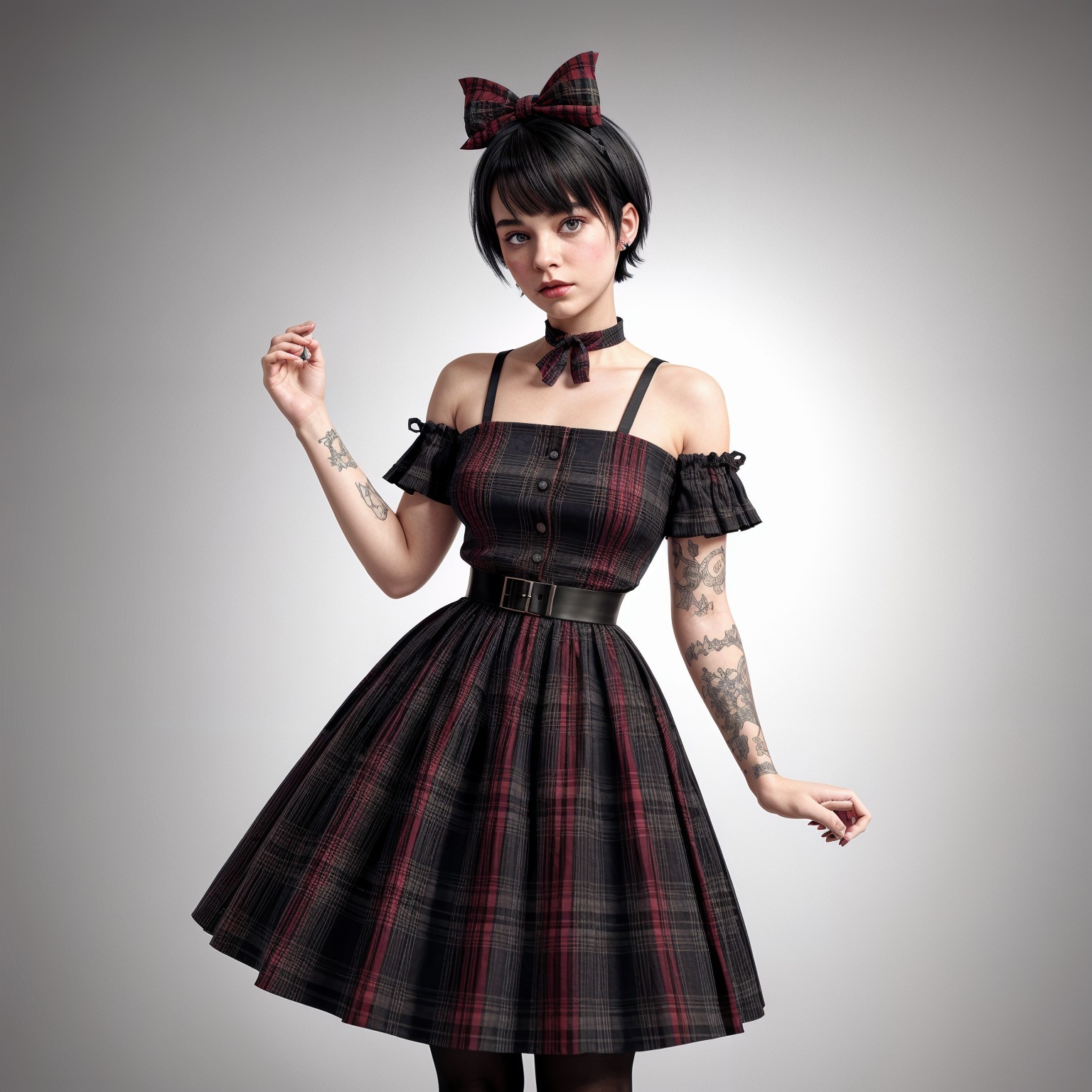 Young woman in plaid dress with tattoos and accessories
