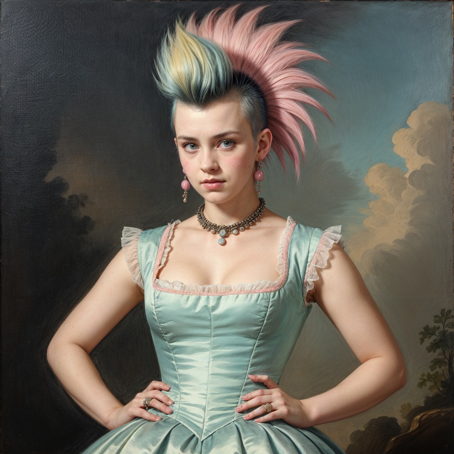 Young Woman with Pastel Mohawk in Elegant Gown