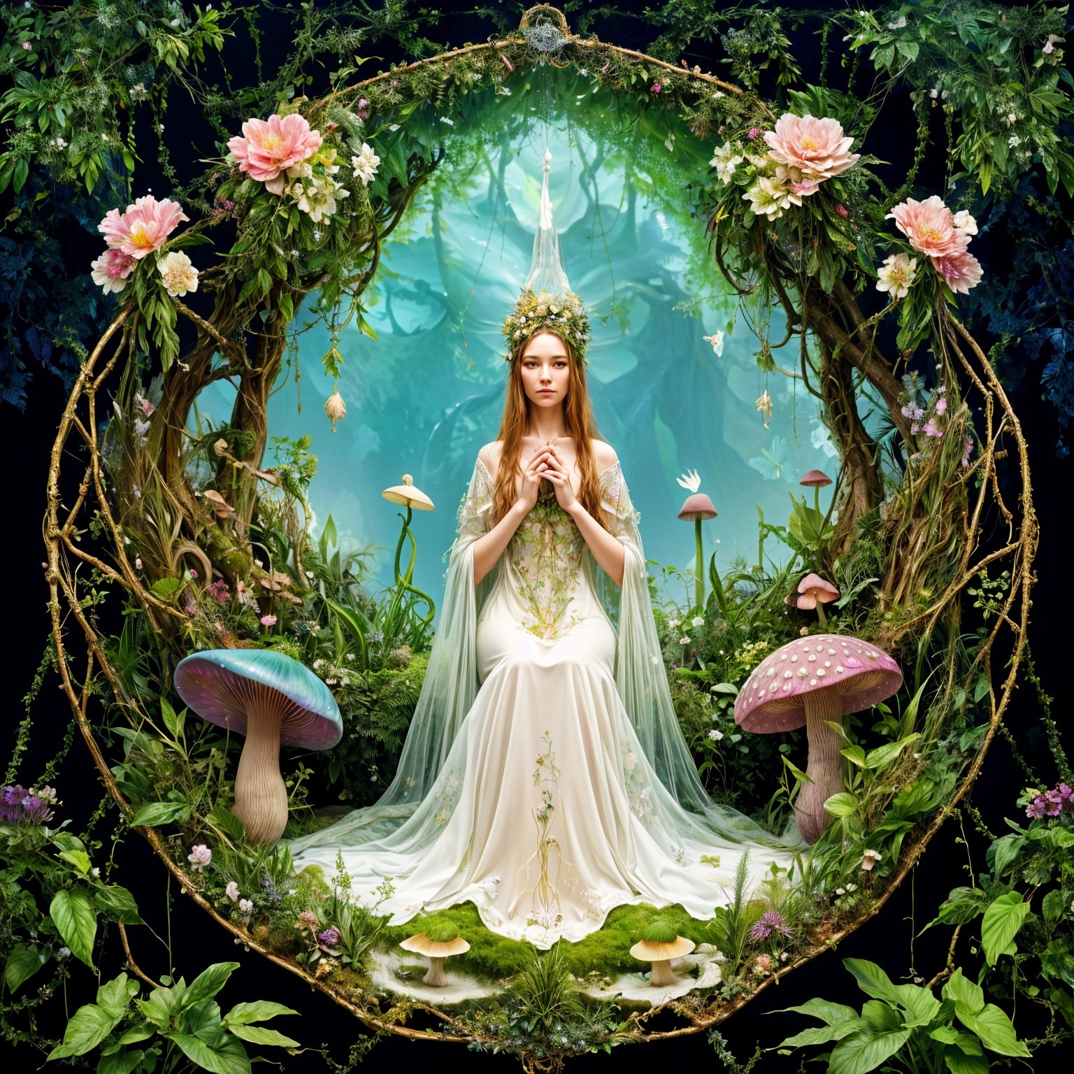 Serene figure in white gown among vibrant forest flora