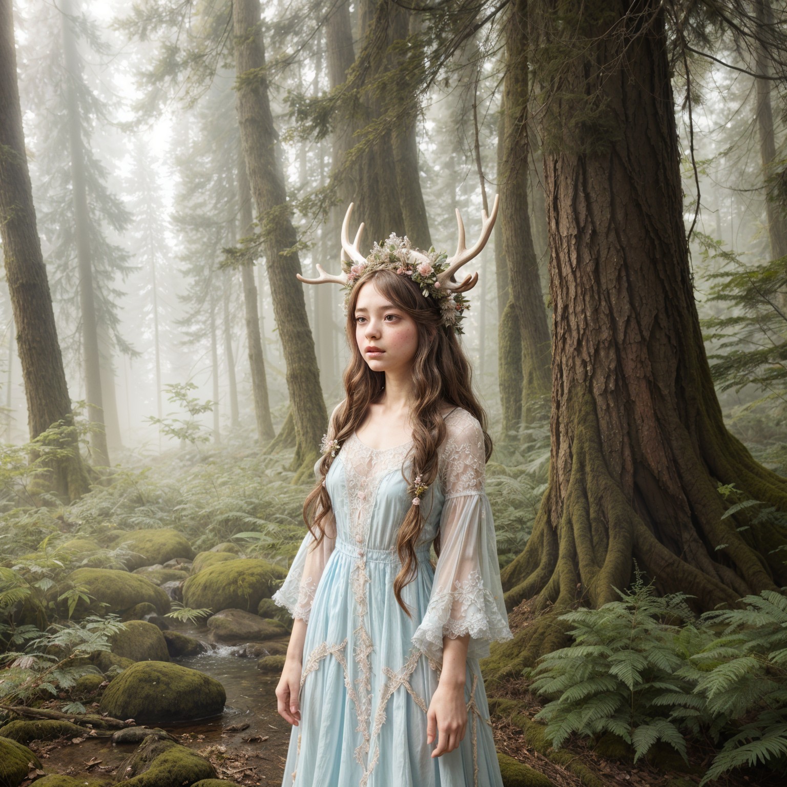 Young woman in mystical forest with flowing blue gown