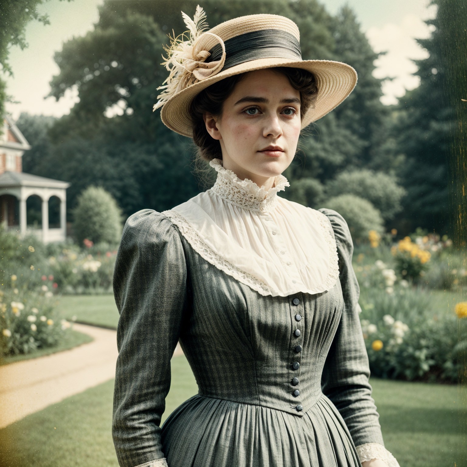 Young Woman in Vintage Dress in Garden Setting