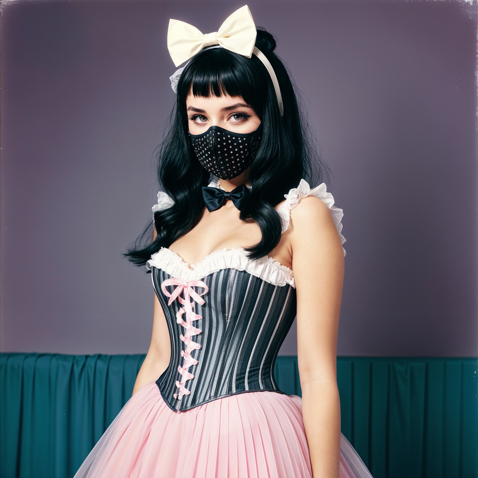 Vintage-inspired outfit with pastel skirt and mask