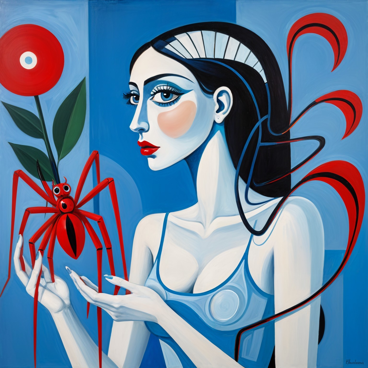Stylized Woman with Headdress and Red Spider on Blue