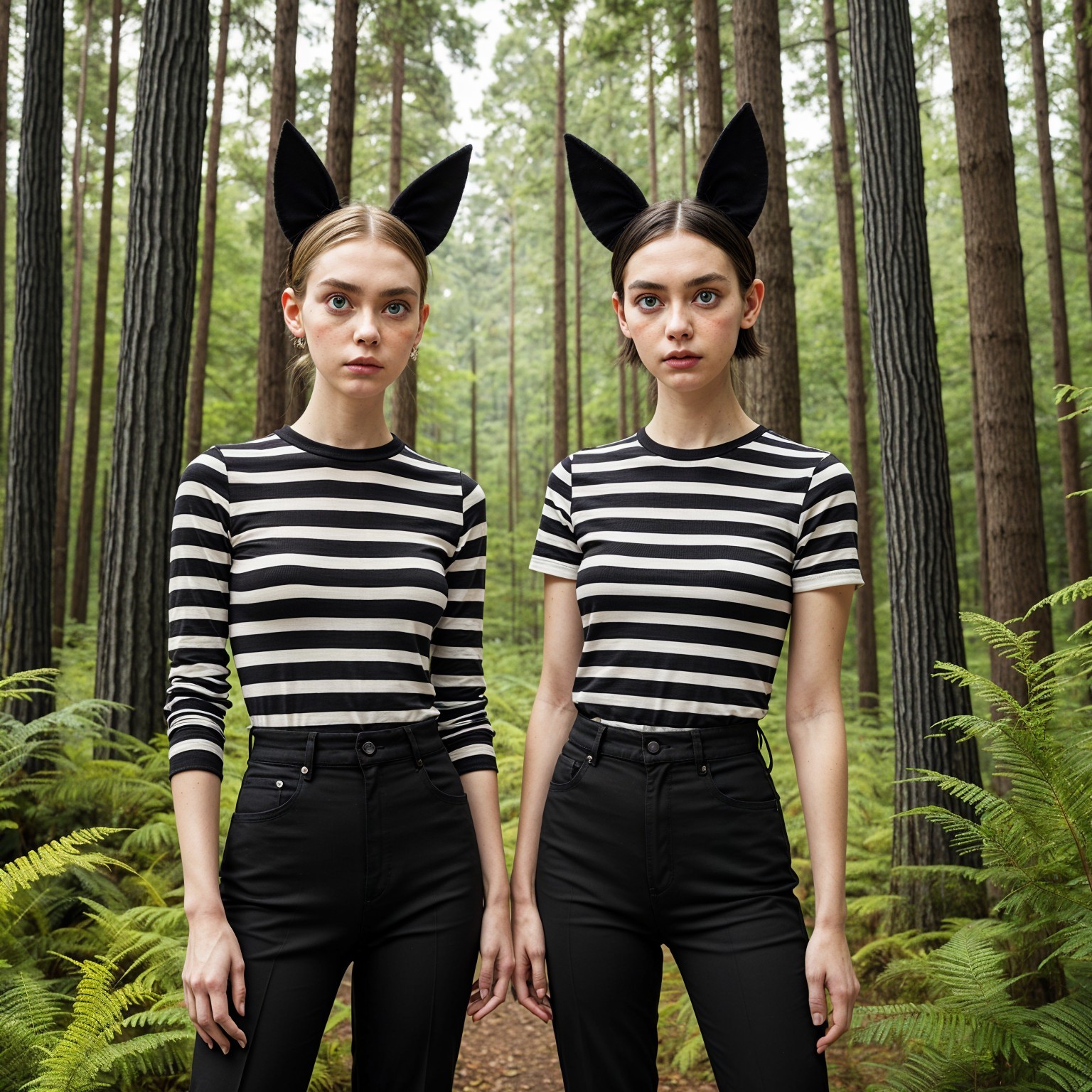 Models in Striped Tops and Cat-Ear Headbands in Forest