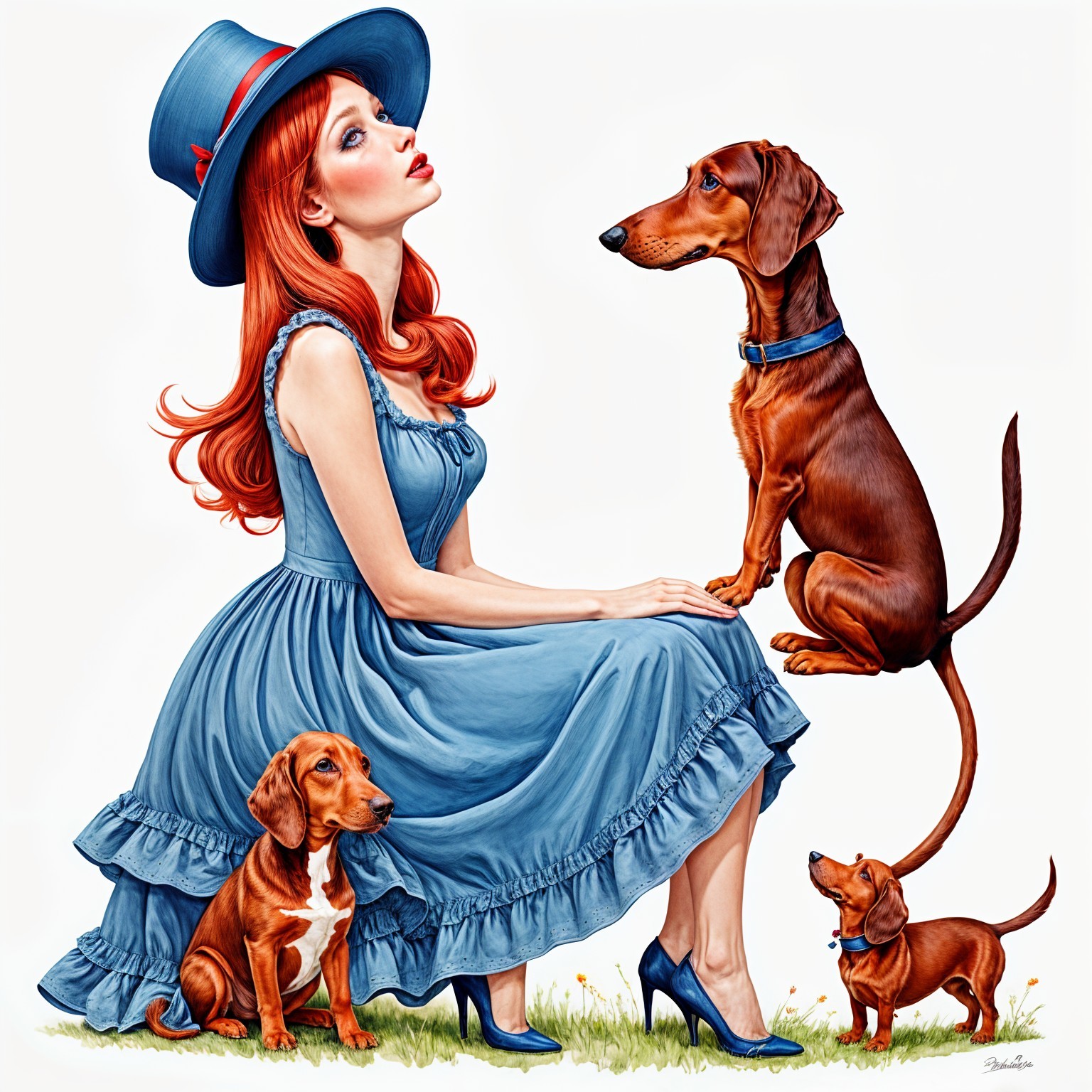 Whimsical Scene with Woman and Three Dachshunds