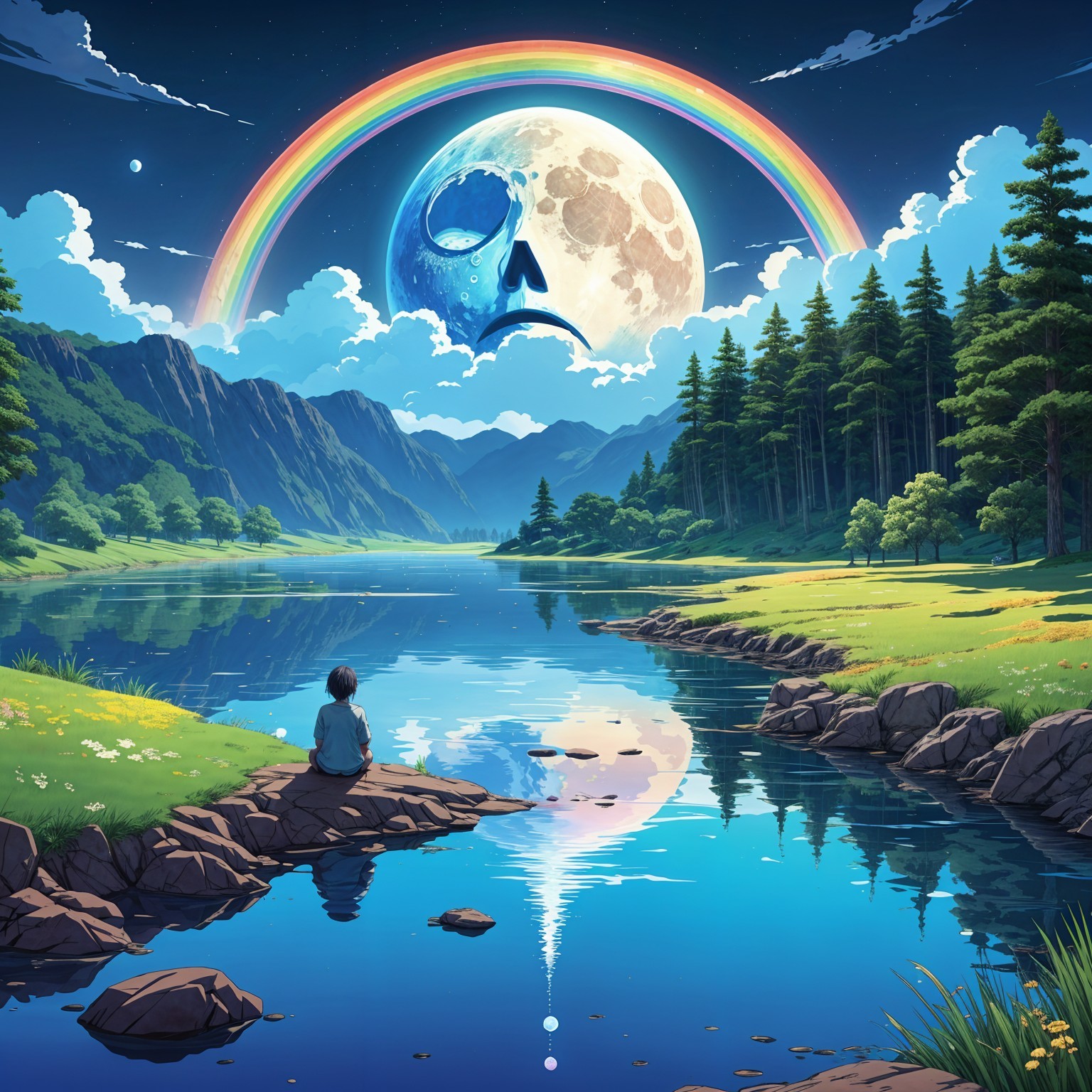 Serene landscape with river, moon, and double rainbow