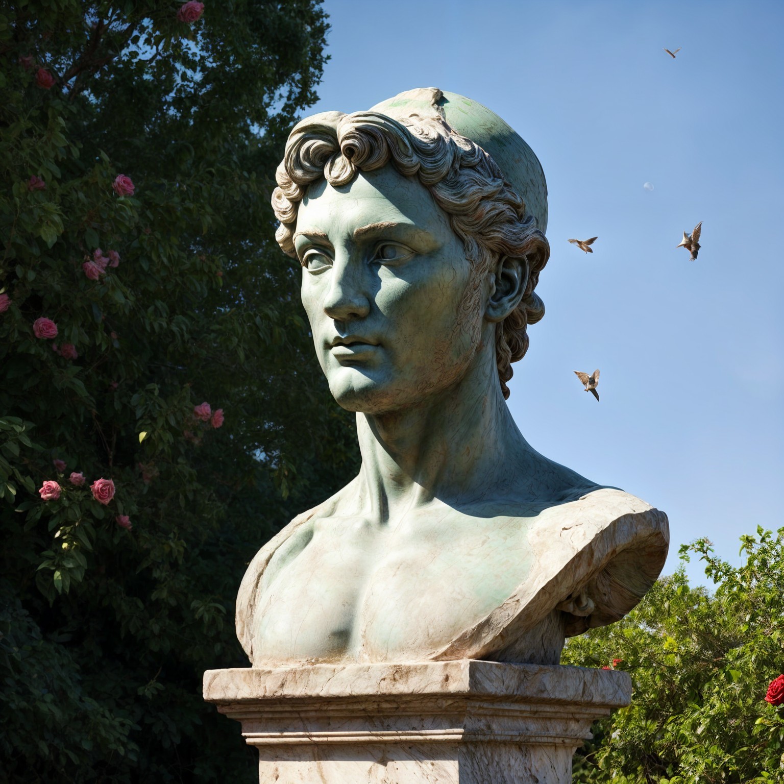 Bronze Bust of Young Man with Laurel Wreath and Nature