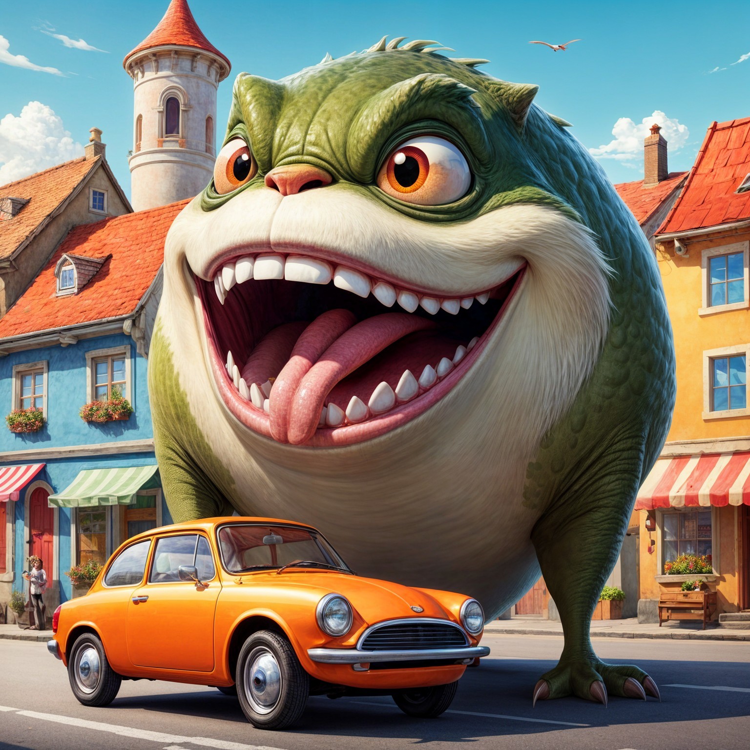 Giant Cartoon Creature in Colorful Village Setting