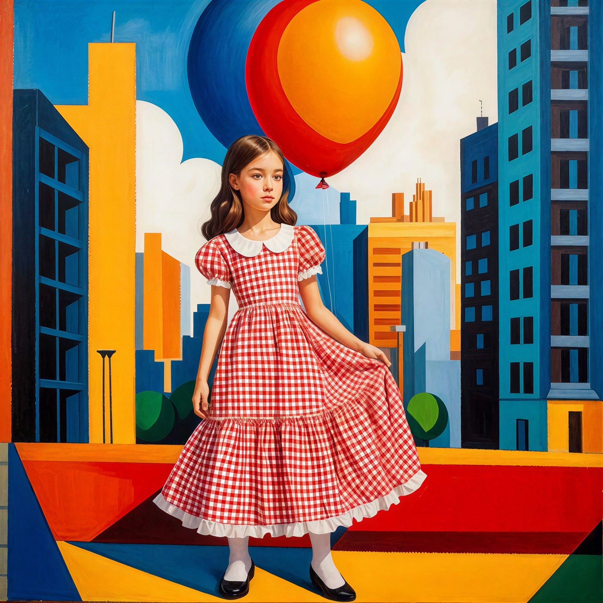 Innocent girl in checkered dress on geometric sidewalk