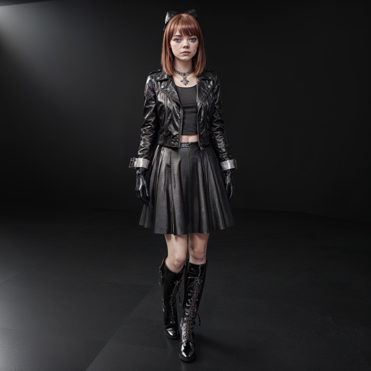 Woman in Black Leather Outfit Against Dark Background