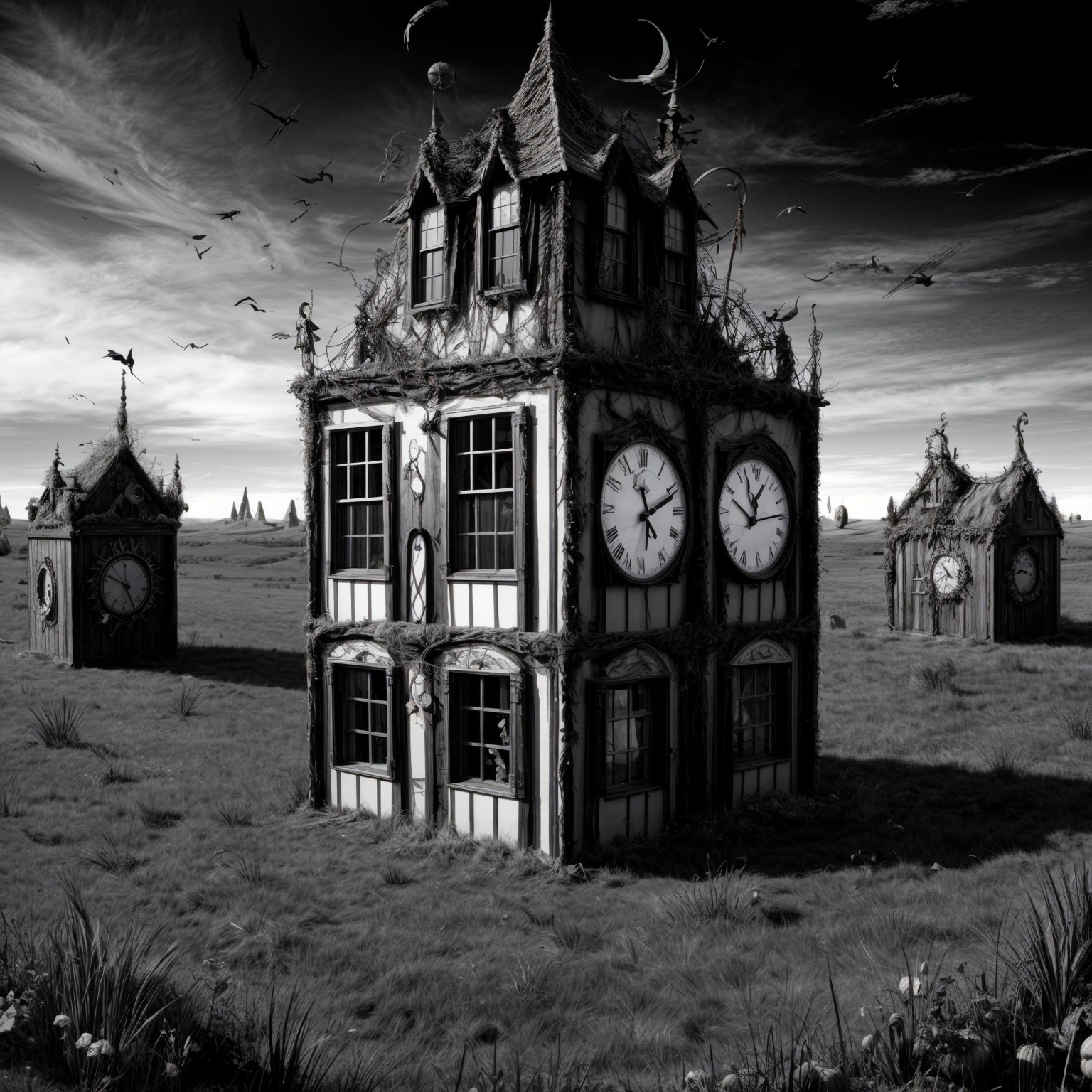 Whimsical Clock-Laden House in Eerie Landscape
