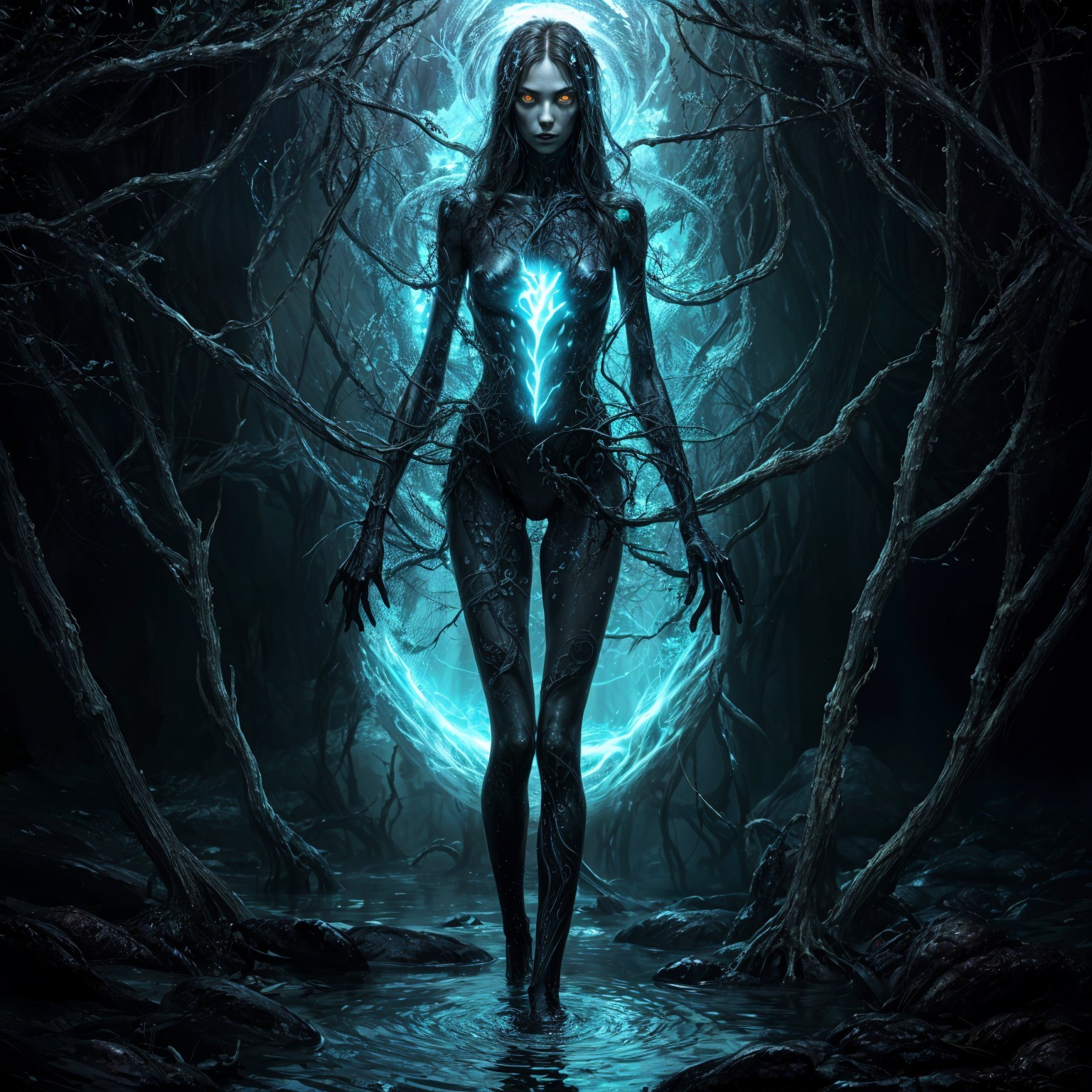 Mystical figure in dark branches with glowing aura