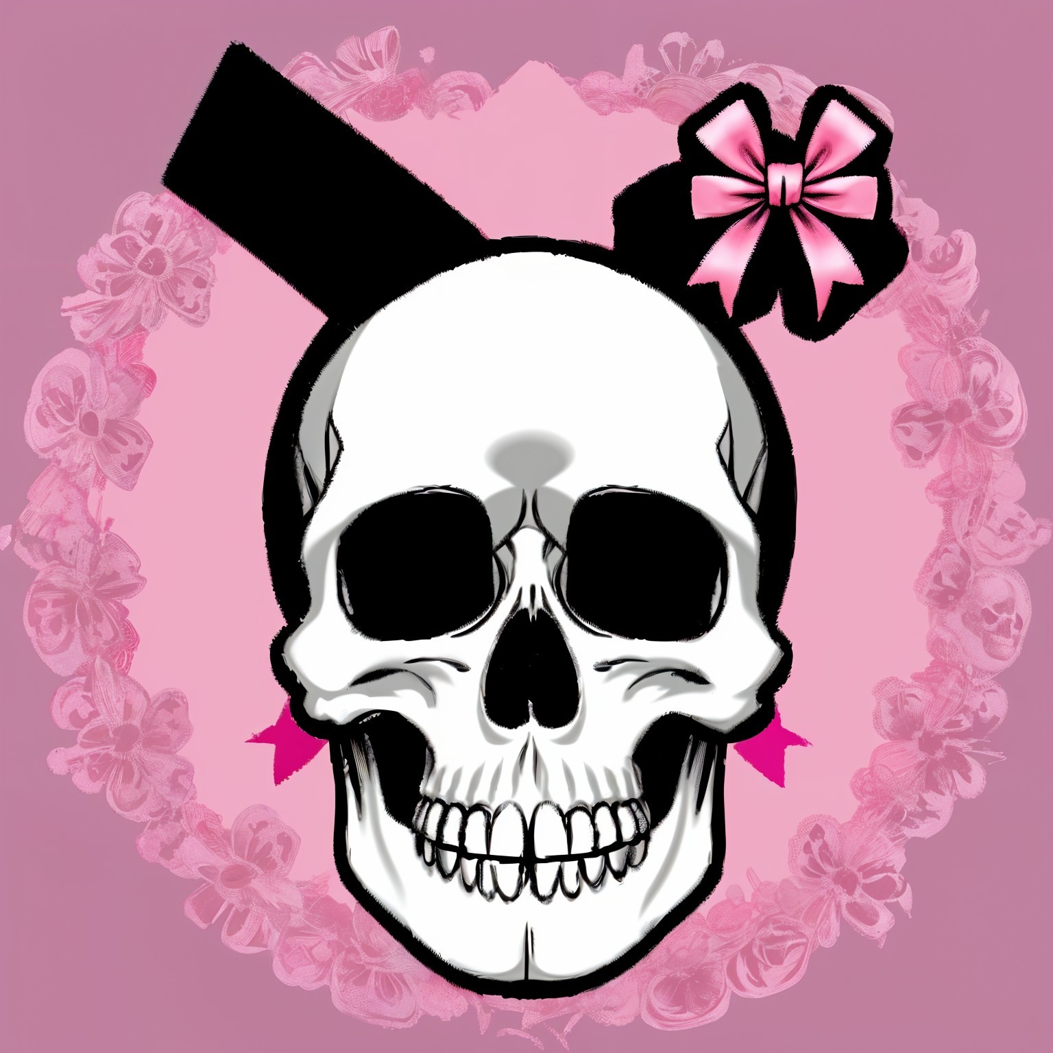Stylized skull design with bow and floral background