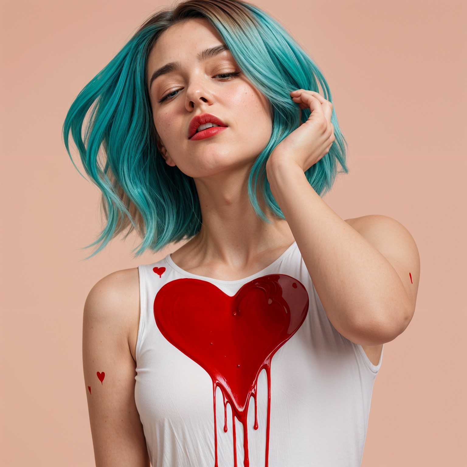 Young woman with turquoise hair in peach backdrop