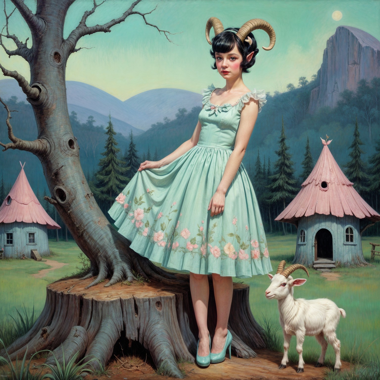 Young woman with horns beside tree in whimsical setting